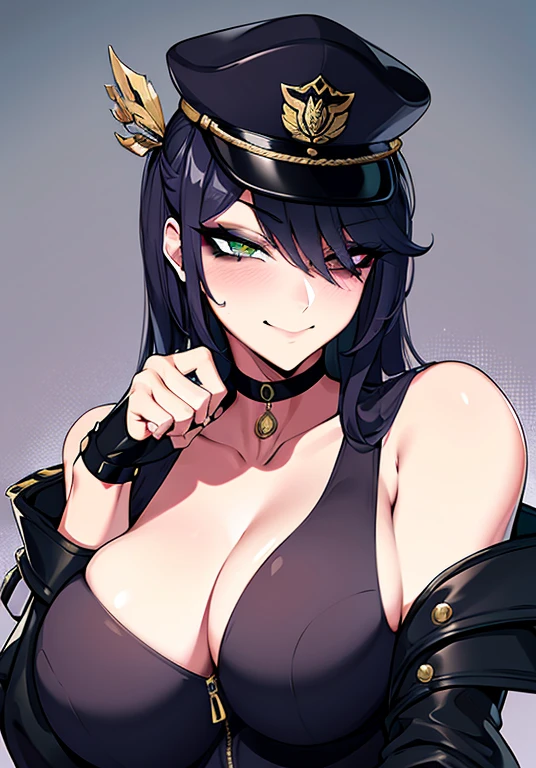 (masterpiece), best quality, lot of details, 1 girl,solo, upper body, close-up, police hat, wink, one eye closed, police uniform, large breasts,  eyeshadow, green eye,