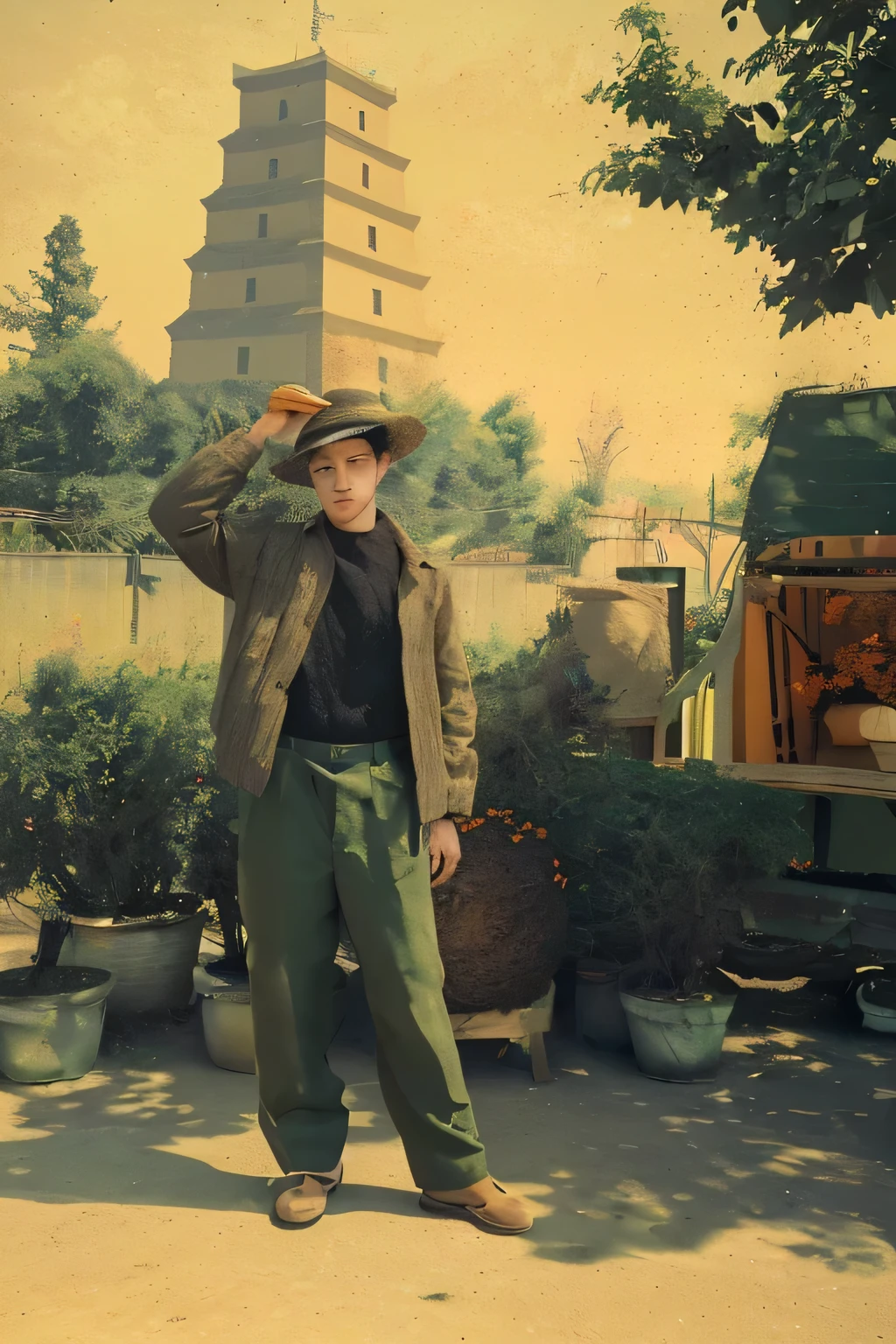 In front of the tower stood a dark-eyed peasant boy, 18 years old, A straw hat is worn on his head, Touch the top of the straw hat with your right hand, Wearing a brown cotton jacket, A black sweater underneath, Match orange with army green trousers. On the side, Wearing ordinary plastic lace-up rubber-soled cloth shoes. There is a fence behind, With flower pots, woods and wood piles.