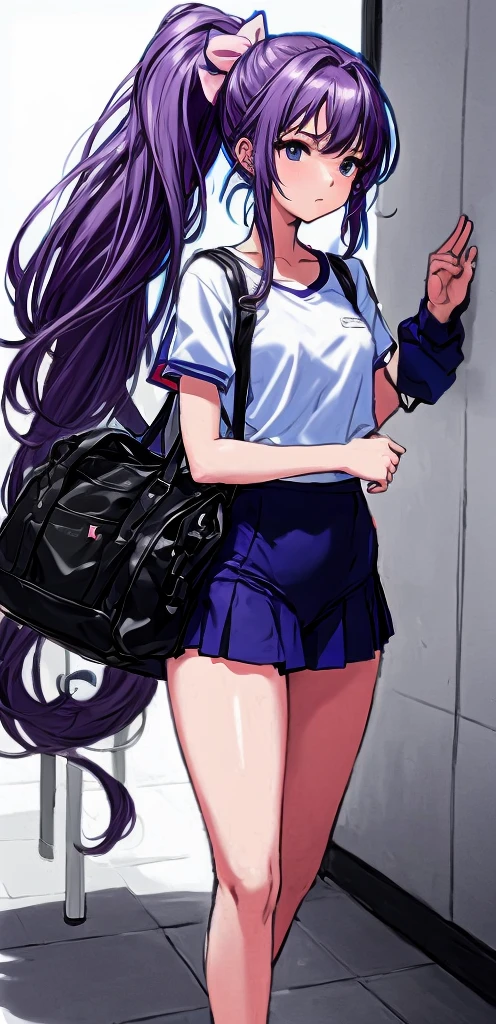 A beautiful woman with long hair tied in a mauve-purple ponytail with a pale pink ribbon is standing in the school hallway wearing white gym clothes and navy blue bloomers shaped like panties.。