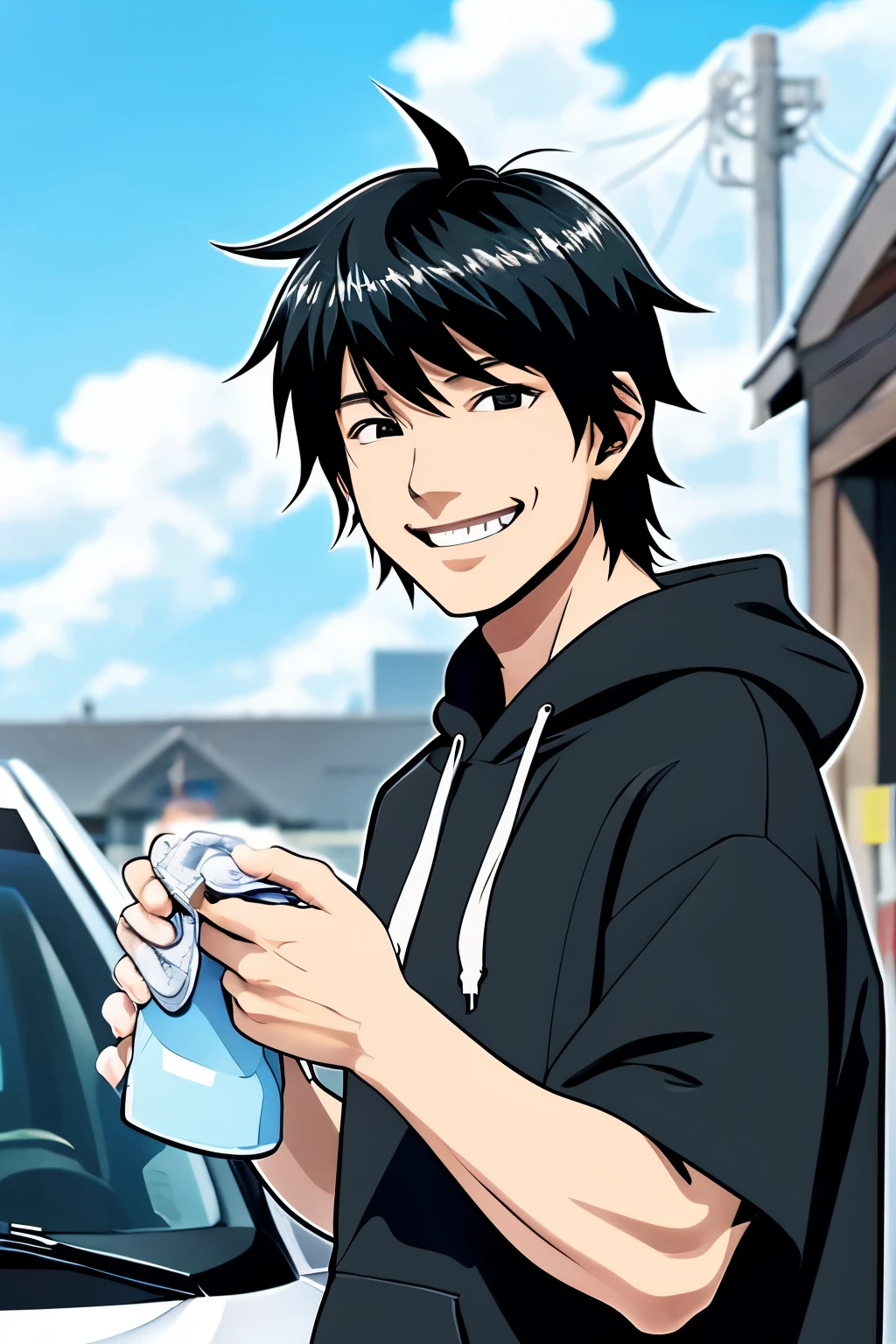 Created in manga style, Japanese man, black hair, short hair, mullet hairstyle, hoodie, smile, good at washing cars, normal face