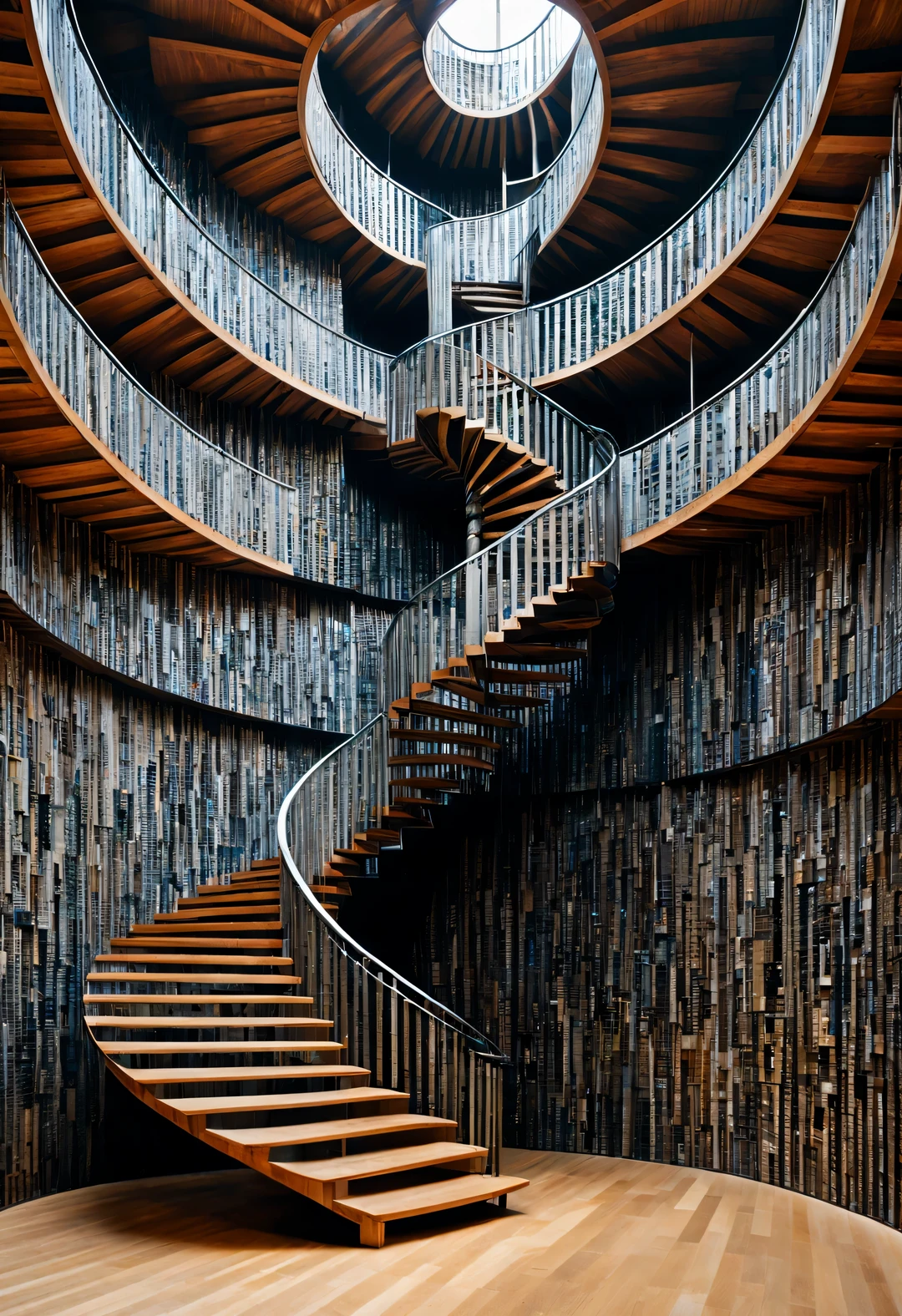 (Visual illusion), A visual man walks up a wooden staircase in a kaleidoscope, a huge man&#39;s face, repetitive or spiral movement or change, or perspective-distorted images that distort depth and spatial perception, These images appear to be moving, straight lines are curved, starting space, 丰富的Doubleexposure, John Pawson, Frank Gehry, Kengo・Kyotoku, Bjarke Ingels, Peter Zumthor, Very detailed, best quality, high resolution, masterpiece, Surrealism,Fisheye effect，Doubleexposure，Recumbent（low angle shot），Super wide angle shooting（super wide shot）