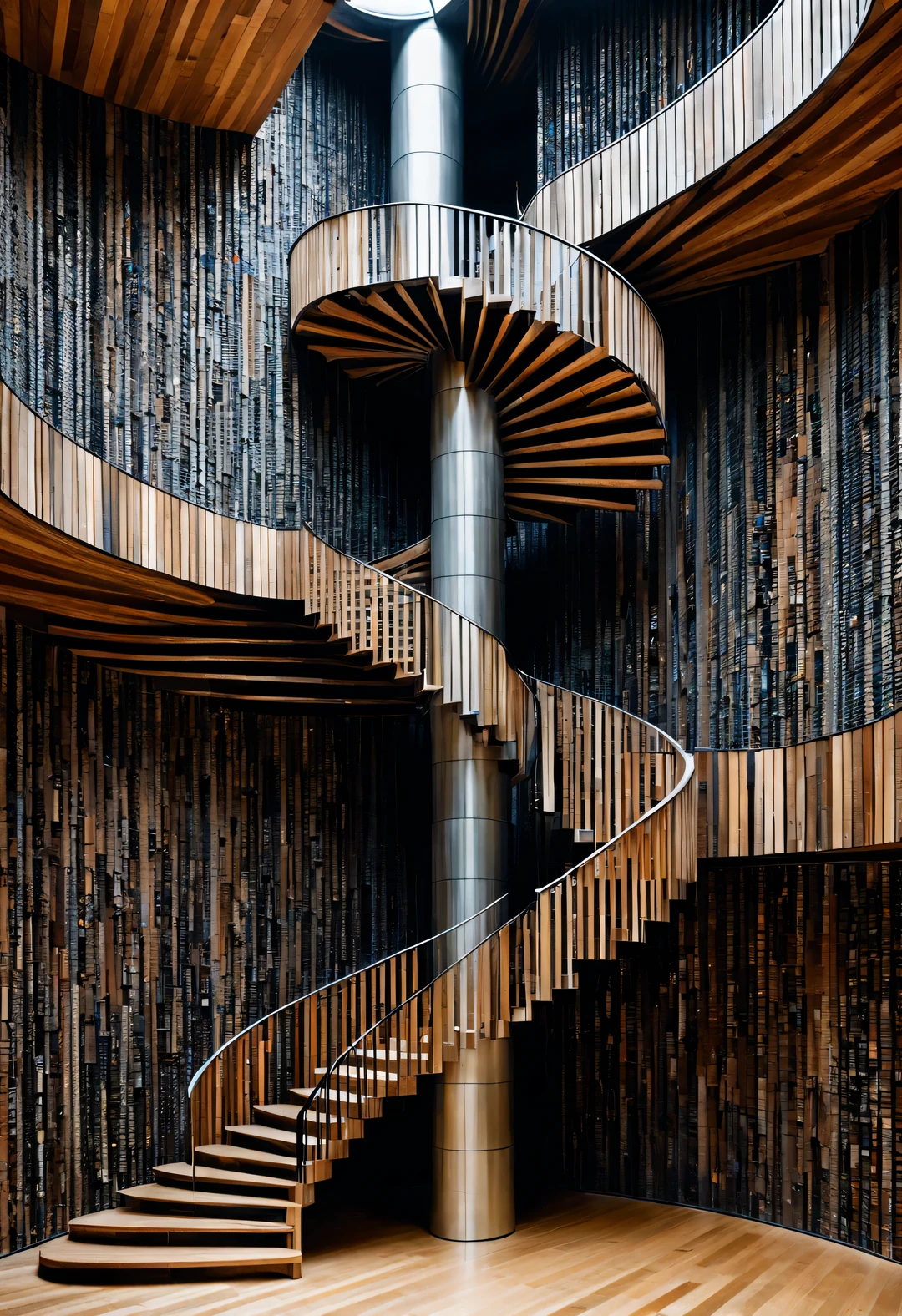 (Visual illusion), A visual man walks up a wooden staircase in a kaleidoscope, a huge man&#39;s face, repetitive or spiral movement or change, or perspective-distorted images that distort depth and spatial perception, These images appear to be moving, straight lines are curved, starting space, 丰富的Doubleexposure, John Pawson, Frank Gehry, Kengo・Kyotoku, Bjarke Ingels, Peter Zumthor, Very detailed, best quality, high resolution, masterpiece, Surrealism,Fisheye effect，Doubleexposure，Recumbent（low angle shot），Super wide angle shooting（super wide shot）