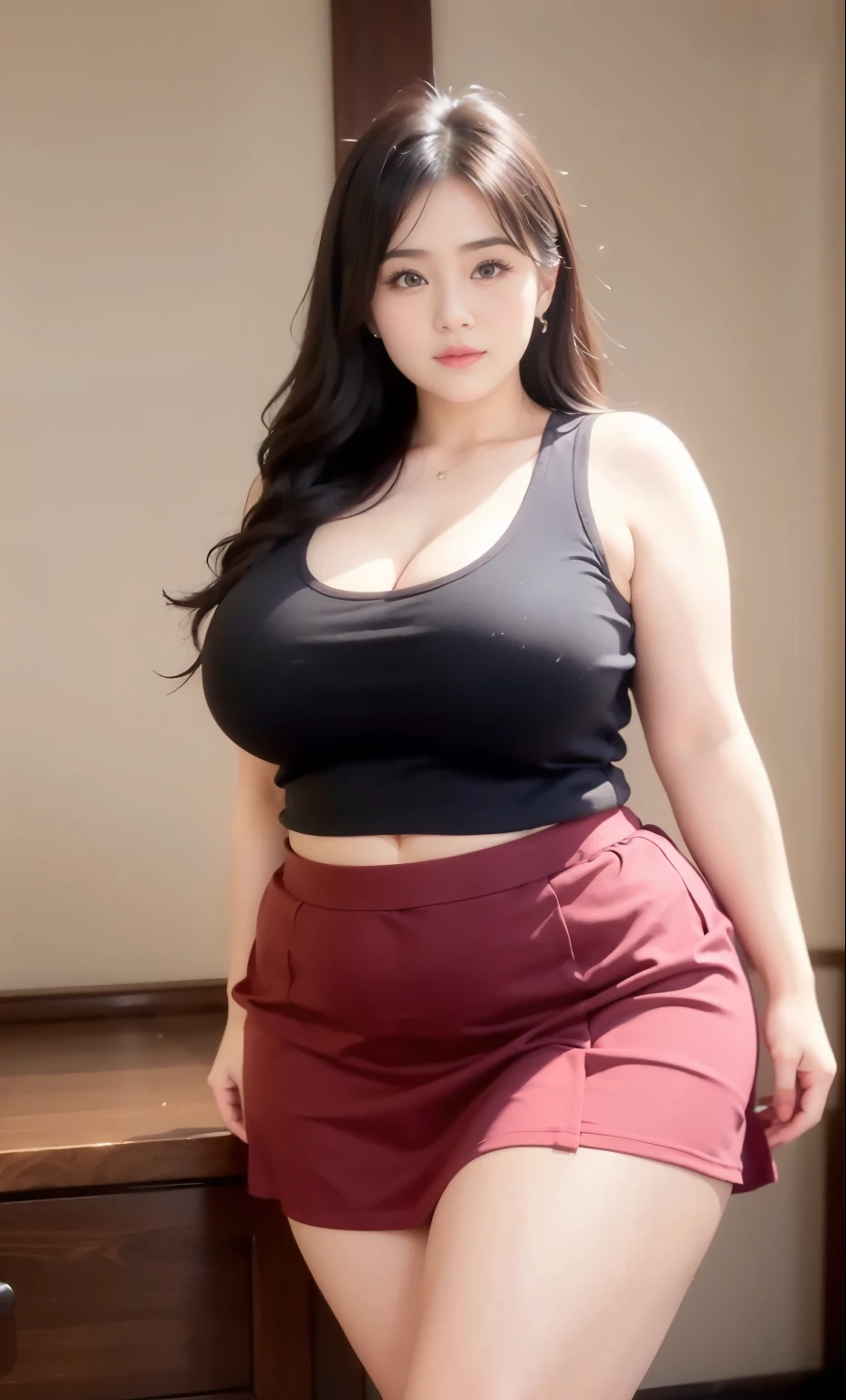 a woman in a maroon tank top thight skirt posing for a picture,, mighty plump female, bbwchan, thicc, japanese goddess, she has a jiggly fat round belly, beautiful red skirt , seductive and powerful, giant stunning goddess shot, well-endowed, dark room, cold vibes, bbwchan, dehaze