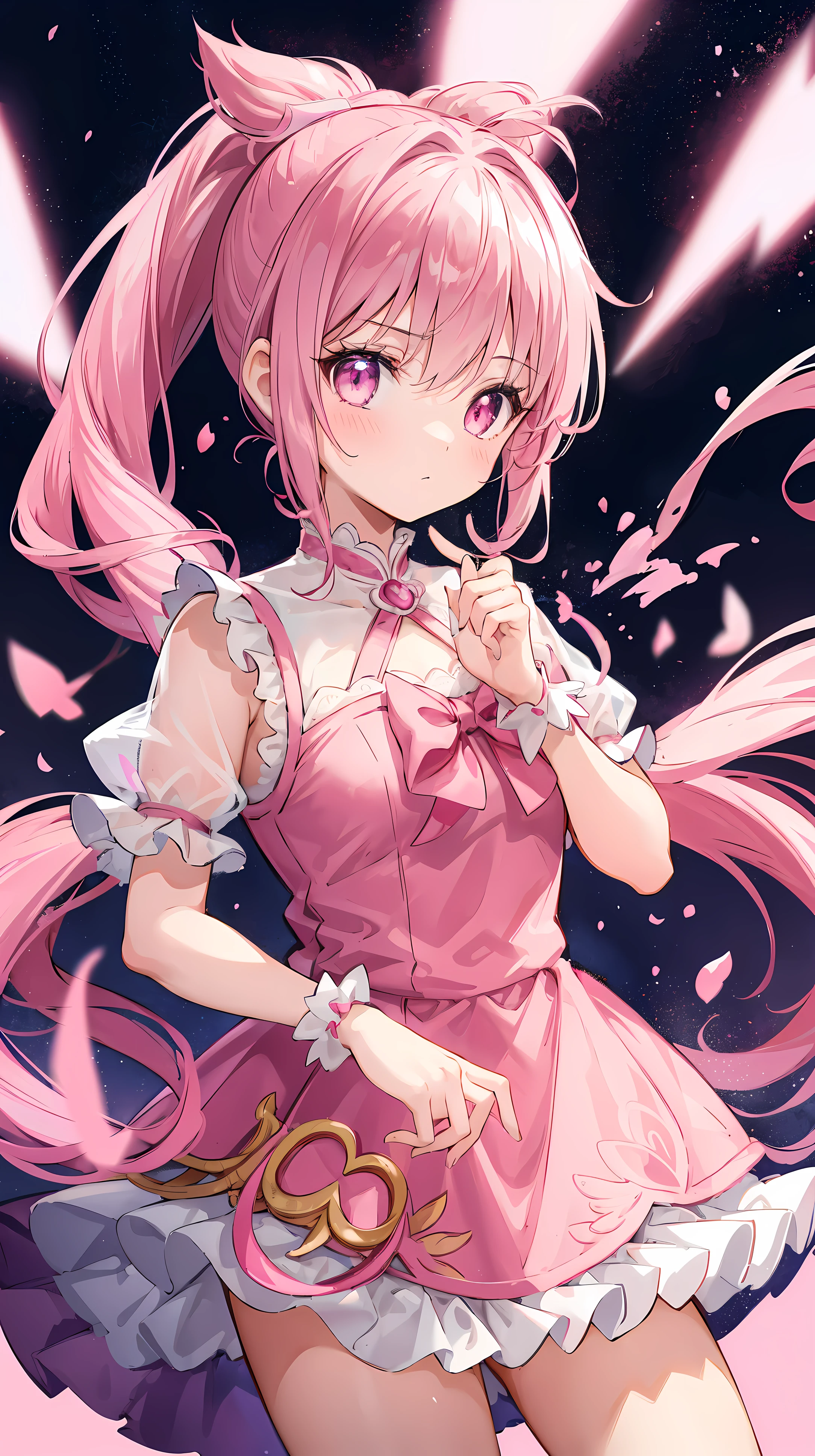 1 girl, Pink double ponytail hair, pink eyes, pink ruffle dress, Magical girl, ridiculous, high resolution, super sharp, 8k, masterpiece, looking at the audience