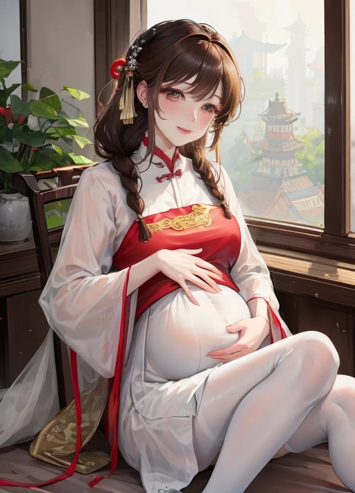 masterpiece, best quality, married woman， aldult, Chinese style, China, elder sister,  Smile, brown hair, princess cut, Single braid，white pantyhose，Full of motherhood，传统China服装，pure，blush，Dignified yet lively，Mother，Place your hands on your stomach，thin lips，Pregnant