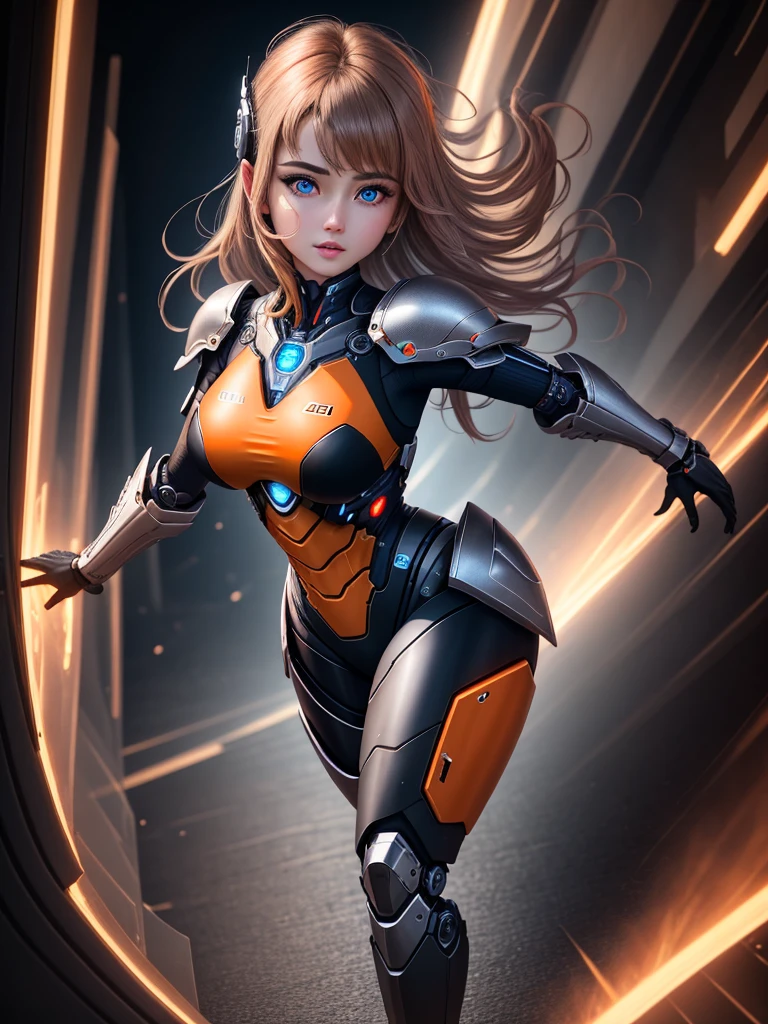 best quality, 8k, photography, beautiful eyes, delicate eyes, Giant 3D printer, 1 girl, cyborg, whole body, Perfect body, running, medium breasts, top audience, orange and black armor