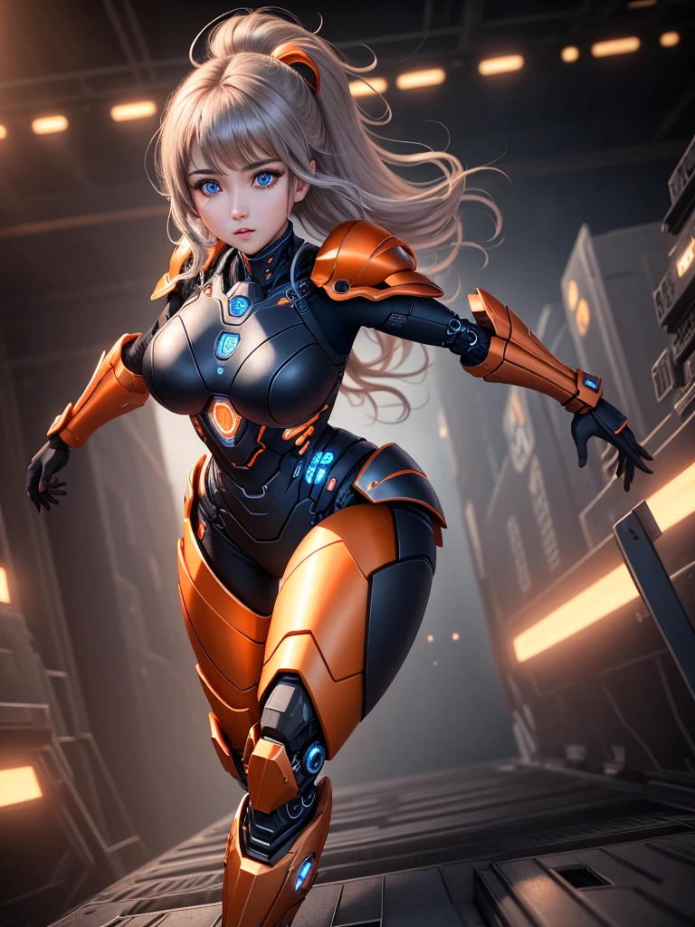 best quality, 8k, photography, beautiful eyes, delicate eyes, Giant 3D printer, 1 girl, cyborg, whole body, Perfect body, running, medium breasts, top audience, orange and black armor