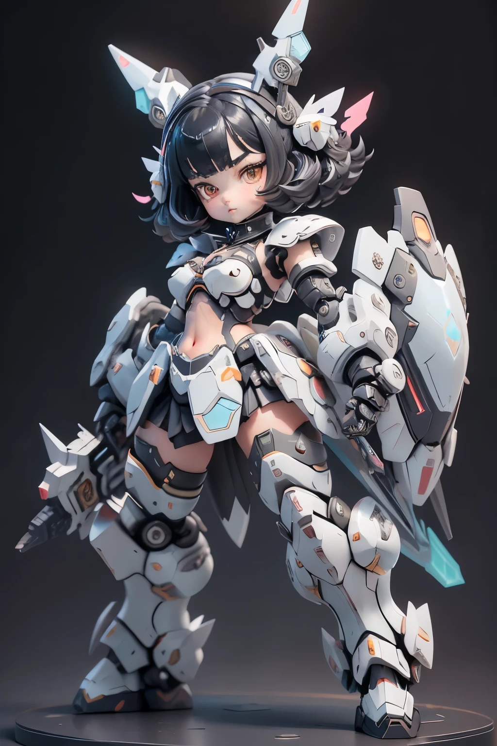 1 girl, Little, Dopamine Color Matching, Double Diamond, white theme, Luxurious fabrics, dither, far-reaching, She is fused with futuristic Gundam mecha, Gundam style, with headgear, with v-fin , visible cleavage, visible stomach, visible waist,, visible thighs, armored shoulders,armored under arms, armored under legs, 2 thruster modules attached on back, holding weapon, holding huge weapon, holding Very large shield, (full body pose:1.5),(bob cut:1.3), black hair, thick eyebrows, light colored iris, big, shining black eyes, long eyelashes, small, pale natural lips, (Average face of Japanese idols), wide forehead:1.2, plump cheeks, small chin, visible side boob, 