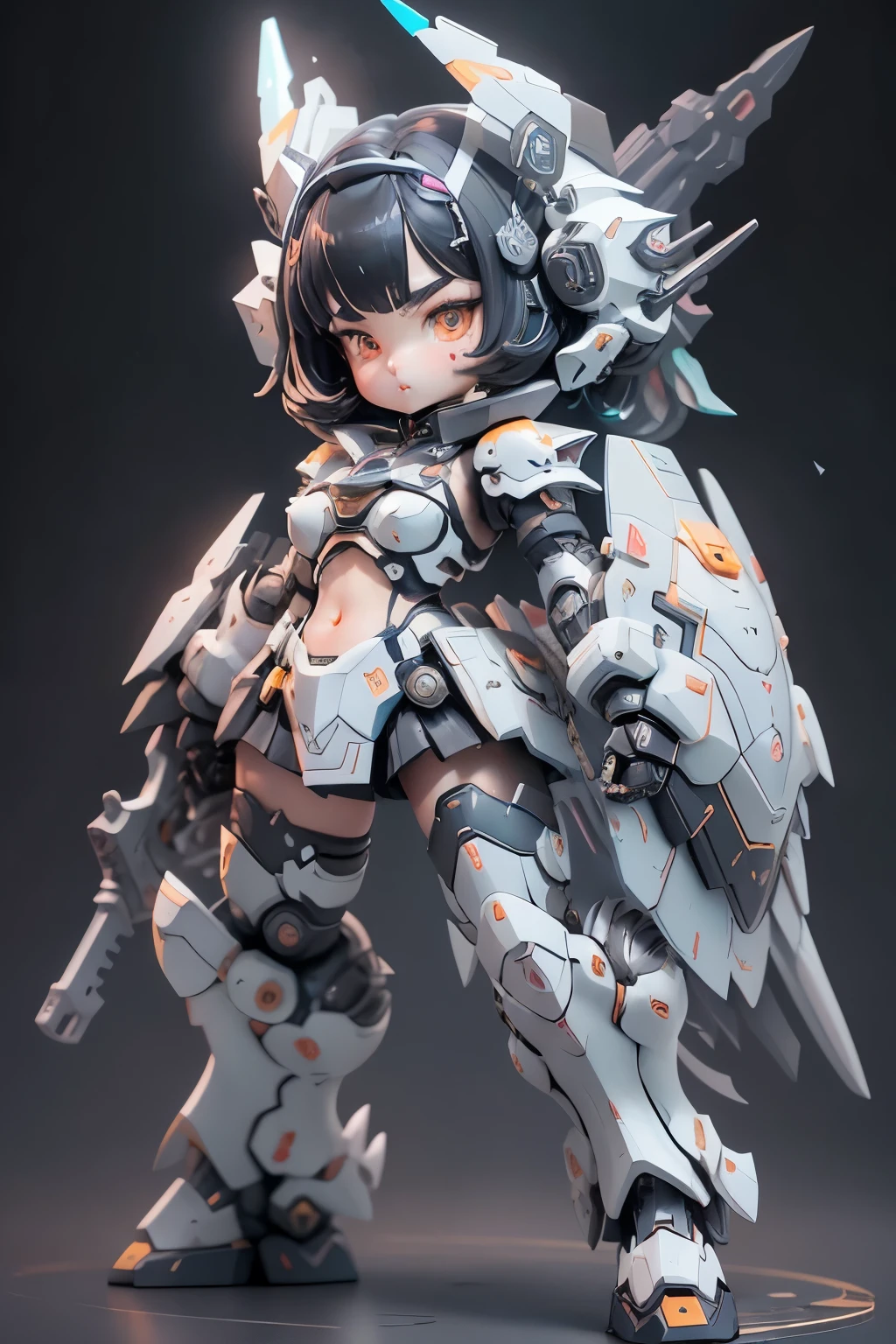 1 girl, Little, Dopamine Color Matching, Double Diamond, white theme, Luxurious fabrics, dither, far-reaching, She is fused with futuristic Gundam mecha, Gundam style, with headgear, with v-fin , visible cleavage, visible stomach, visible waist,, visible thighs, armored shoulders,armored under arms, armored under legs, 2 thruster modules attached on back, holding weapon, holding huge weapon, holding Very large shield, (full body pose:1.5),(bob cut:1.3), black hair, thick eyebrows, light colored iris, big, shining black eyes, long eyelashes, small, pale natural lips, (Average face of Japanese idols), wide forehead:1.2, plump cheeks, small chin, visible side boob, 