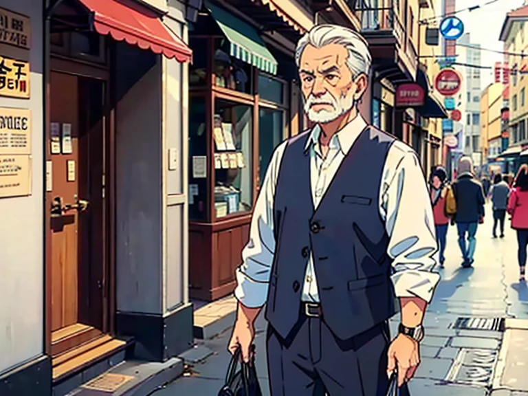 1 old man, man, gray hair, wrinkles, white vest, standing on the street in ancient times, confused, the background is the ancient street