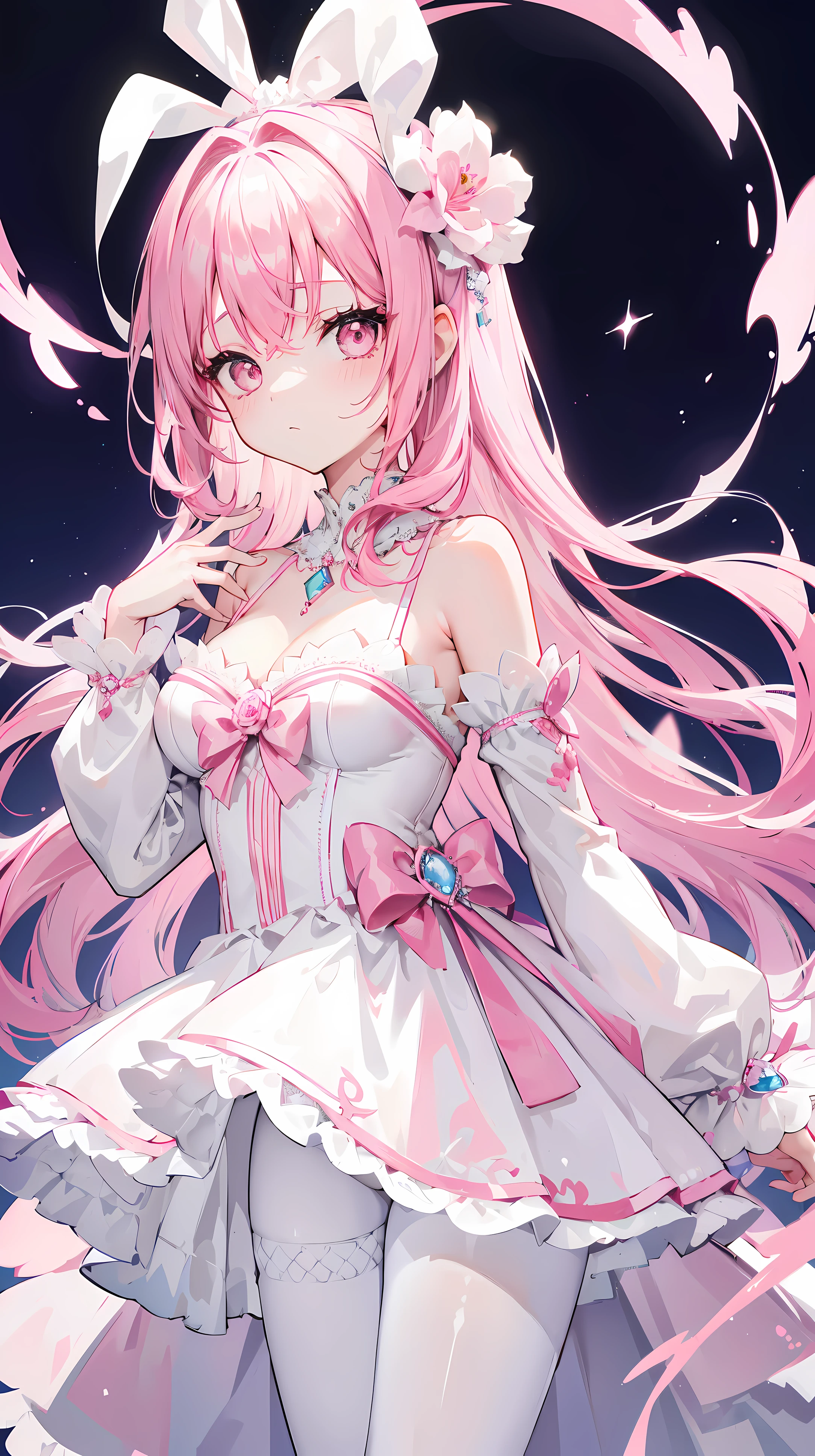 pink haired one,pupil,White and looming,A dress that resembles a wedding dress,The dress is decorated with many pink bows,Paired with a dazzling silver necklace,is a cute, sweet and cute ,Wearing white silk pantyhose