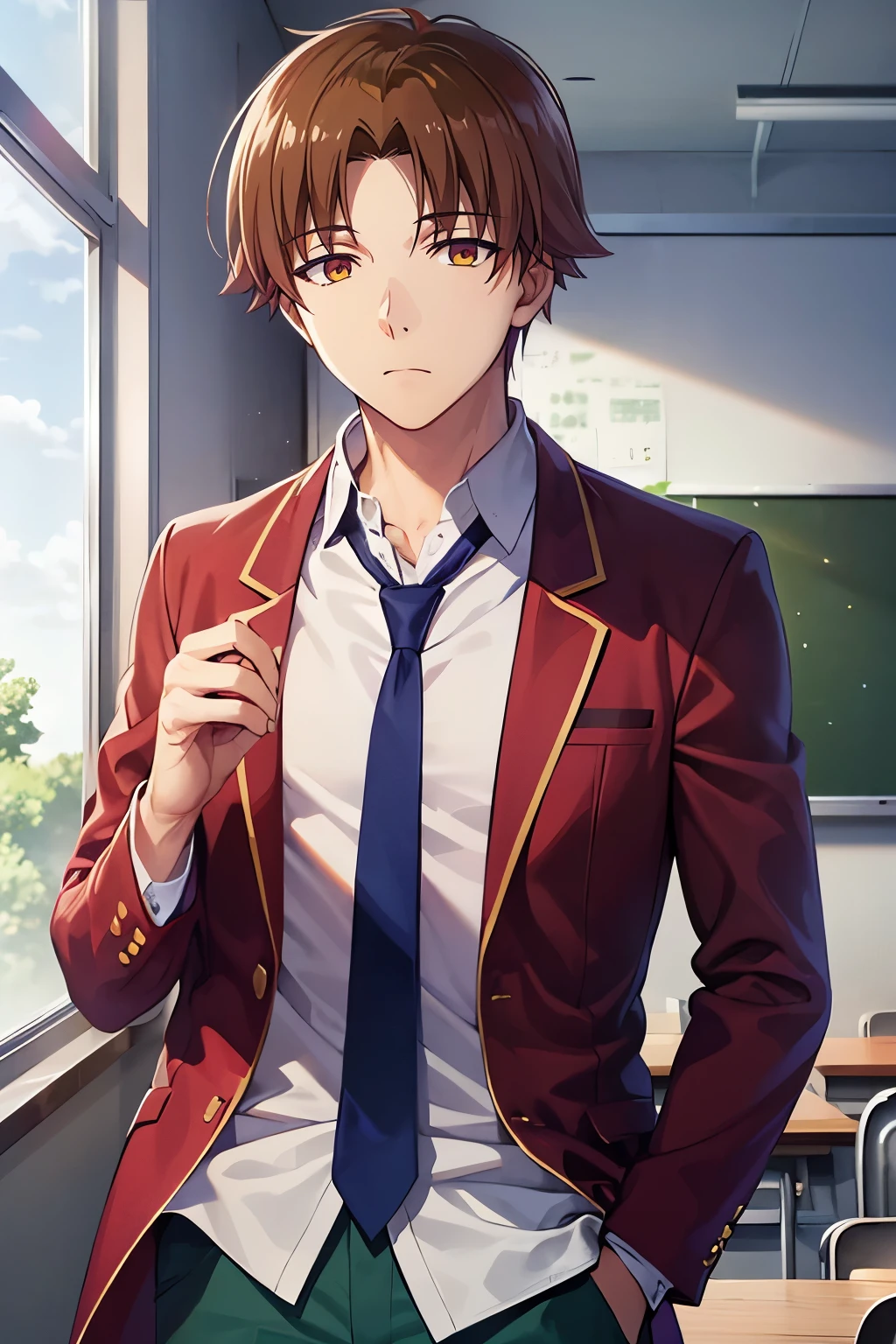 1boy, kiyotaka ayanokoji, brown eyes, white shirt, red blazer, blue necktie, green pants, hand in pocket, photography, hdr, classroom, chalkboard, 