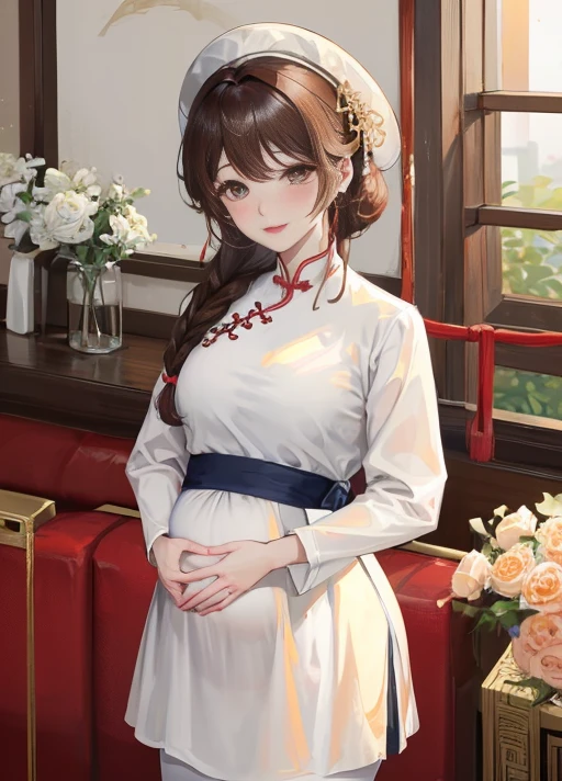 masterpiece, best quality, married woman, aldult, Chinese style, China, elder sister, Smile, brown hair, princess cut, Single braid,white pantyhose,Full of motherhood,传统China服装,pure,blush,Dignified yet lively,Mother,Place your hands on your stomach,thin lips,Pregnant