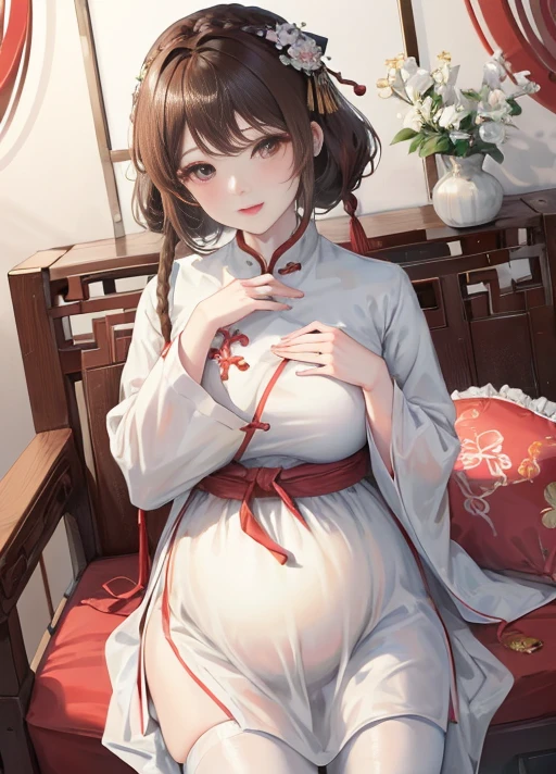 masterpiece, best quality, married woman， aldult, Chinese style, China, elder sister,  Smile, brown hair, princess cut, Single braid，white pantyhose，Full of motherhood，传统China服装，pure，blush，Dignified yet lively，Mother，Place your hands on your stomach，thin lips，Pregnant