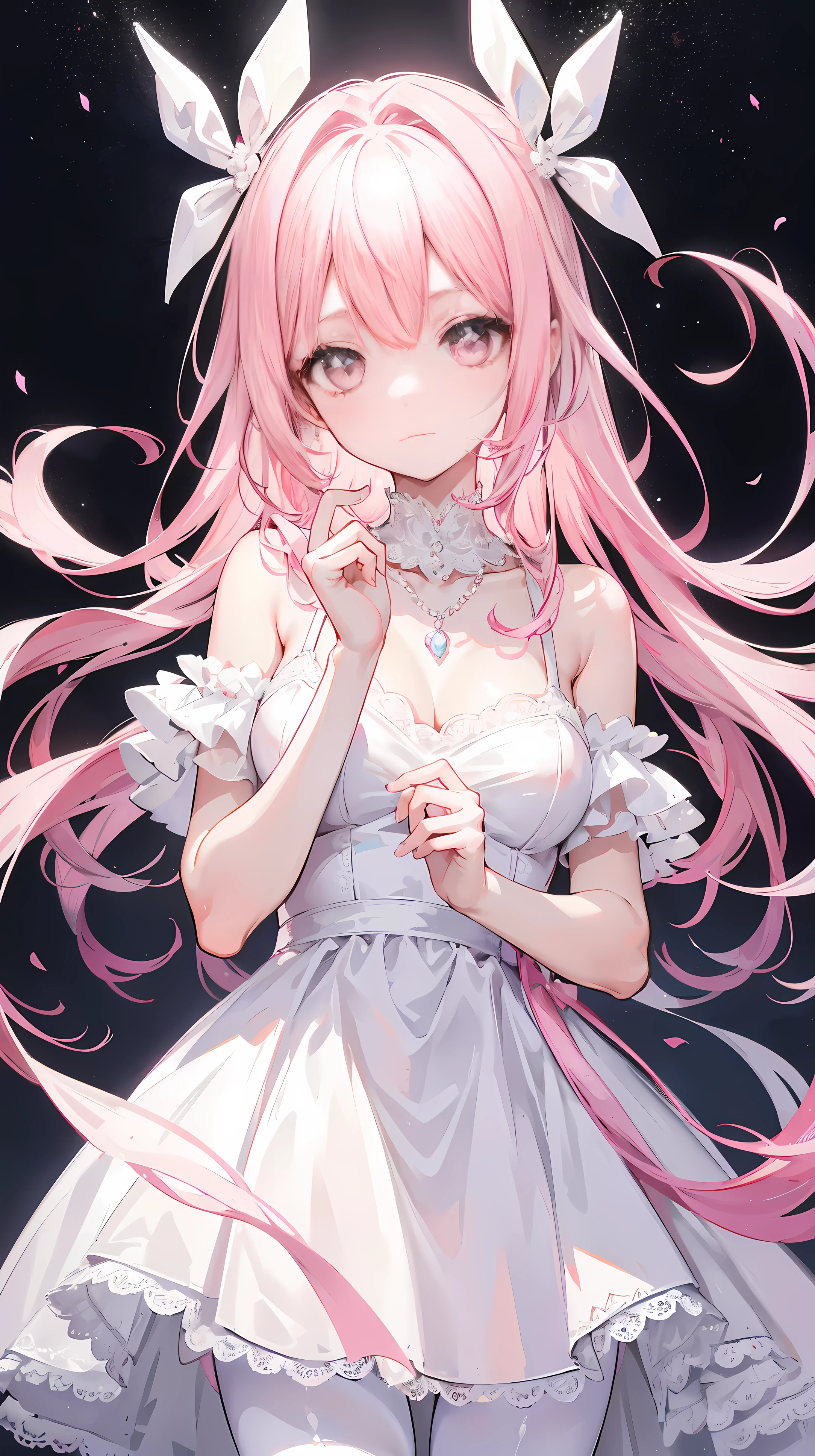pink haired one,pupil,White and looming,A dress that resembles a wedding dress,The dress is decorated with many pink bows,Paired with a dazzling silver necklace,is a cute, sweet and cute ,Wearing white silk pantyhose