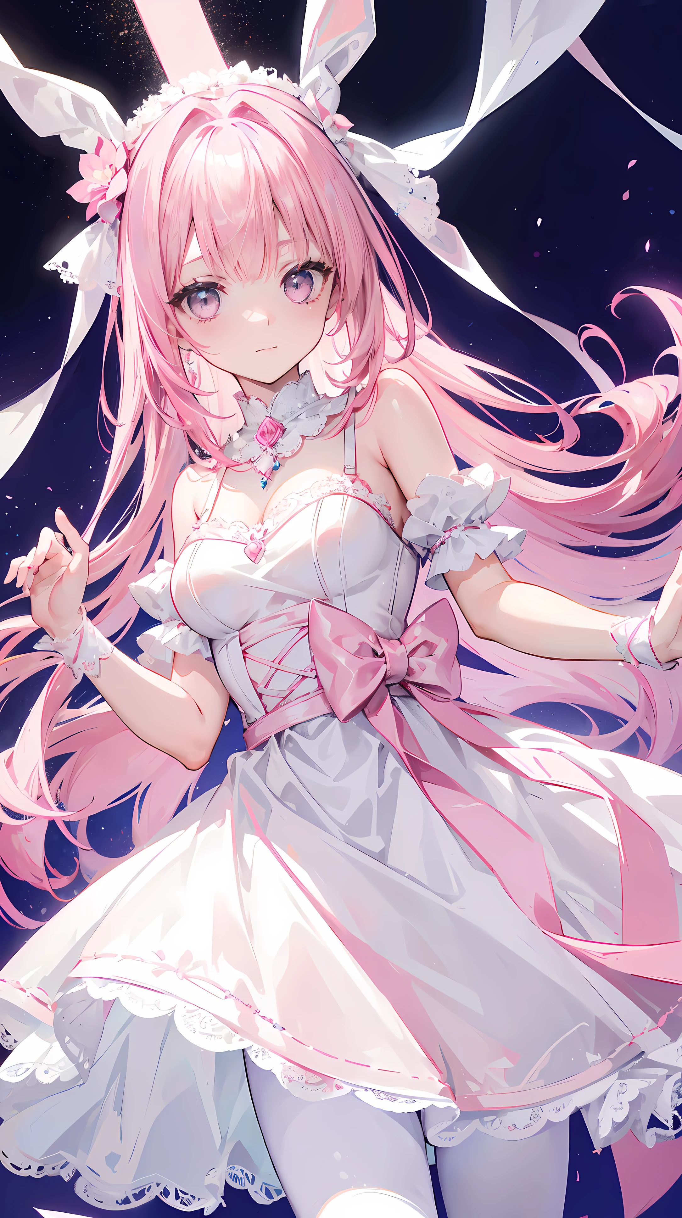 pink haired one,pupil,White and looming,A dress that resembles a wedding dress,The dress is decorated with many pink bows,Paired with a dazzling silver necklace,is a cute, sweet and cute ,Wearing white silk pantyhose