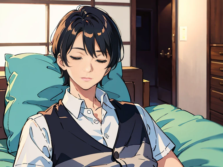 1 man, handsome, black hair,  patient suit, lying on a hospital bed, eyes closed, painful expression, white shirt, anime character image