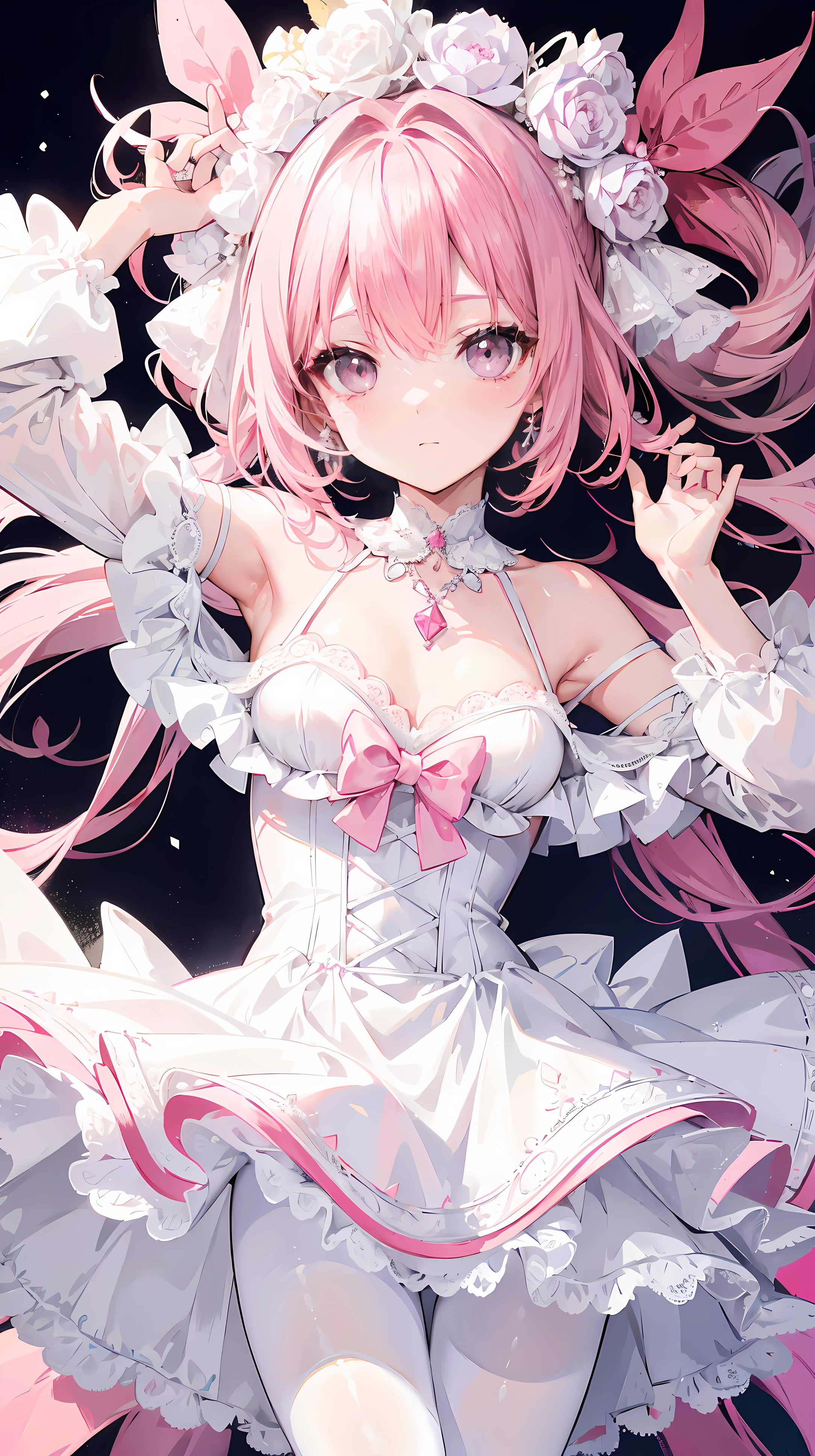 pink haired one,pupil,White and looming,A dress that resembles a wedding dress,The dress is decorated with many pink bows,Paired with a dazzling silver necklace,is a cute, sweet and cute ,Wearing white silk pantyhose