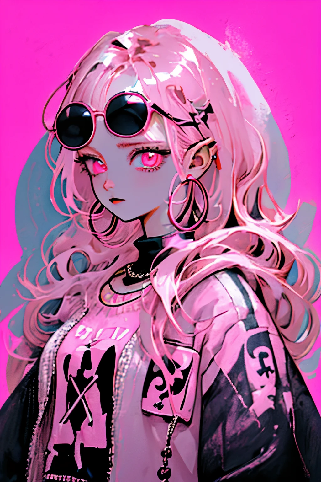 Niji Style, 1girl, solo, long hair, big round sunglasses on top head, looking at viewer, eye glowing background, jewelry, closed mouth, happy, jacket, upper body, pink hair, earrings, pink eyes, necklace, from side, sweater, lips, eyelashes, makeup, wavy hair, piercing, cross, lipstick, ear piercing, eyeshadow, hoop earrings, pink lips, multicolored eyes, pink theme, pink eyeshadow, tattoos, dark background