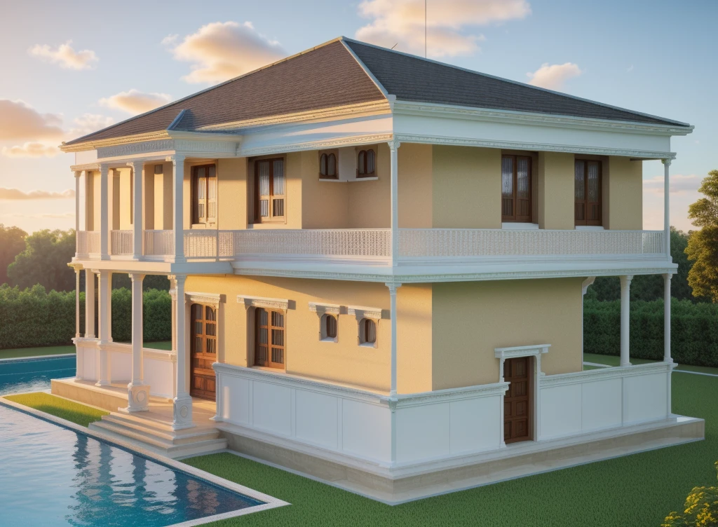 Garden villa, with swimming pool, garden in neoclassical styleClassical style, masterpiece, surreal, rendered by Vray 2023, Vantage, rendered 8k, 16k, ultra HD, iron patterned railings, doors and Wooden windows, Natural light, cloudy, daylight, fence around the house, 16K