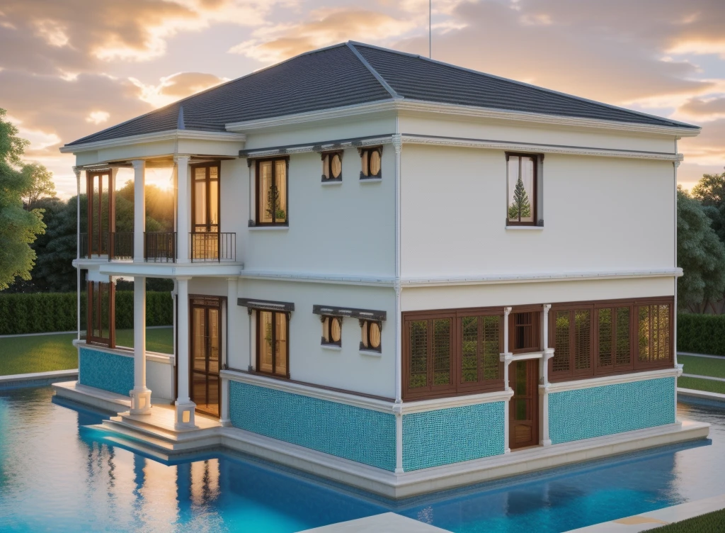 Garden villa, with swimming pool, garden in neoclassical styleClassical style, masterpiece, surreal, rendered by Vray 2023, Vantage, rendered 8k, 16k, ultra HD, iron patterned railings, doors and Wooden windows, Natural light, cloudy, daylight, fence around the house, 16K