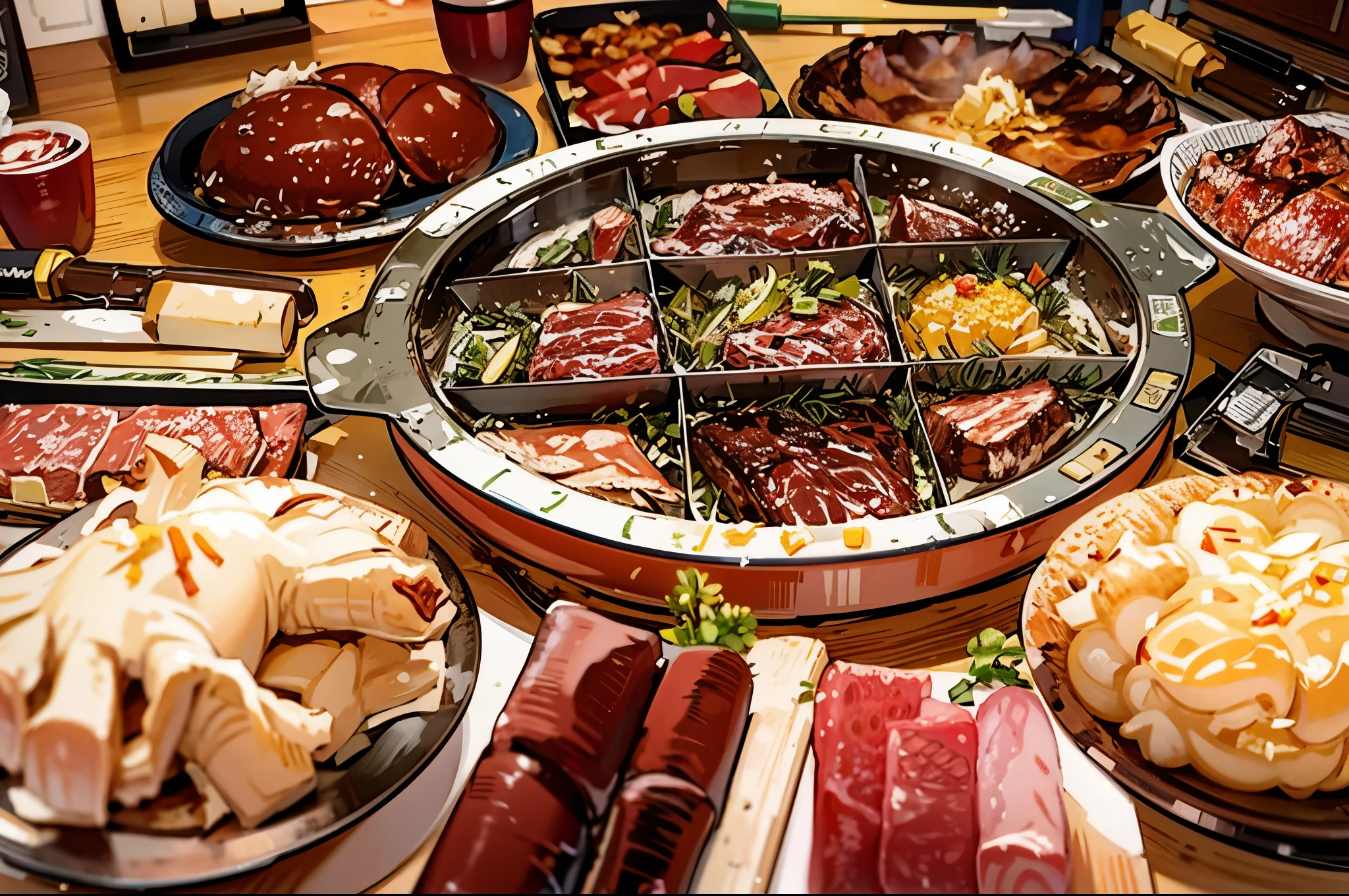 there are many different types of meats on the table, Close-up of food, tasty, 非常tasty, The table is full of food, Cheese and salami on the table, Chinese, The photo shows a large, Sichuan, feast, ground red meat, eating meat, meat, meats on the ground, 188216907, you were before，锅里Lots of peppers，Lots of peppers，Lots of peppers，Lots of peppers，Lots of peppers，Lots of peppers