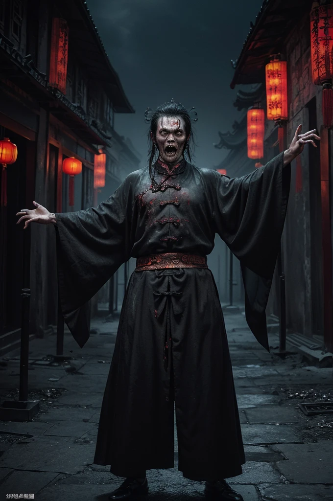 A terrifying Qing Dynasty man zombie stands at the center with arms stretched out at a 90-degree angle, Stare forward fiercely. zombie装饰havezombie_have, The dimly lit environment depicts the faint glow of the town. ((actual))),((masterpiece), (best quality), 超high resolution, (original photo:1.2), (photoactual:1.4), Outstanding details, dramatic lighting, high resolution, 8k, ridiculous,Chinese building, Chinese tower, obsolete, (Chinese_clear_zombie:1.5),The color palette is dark and ominous, Create an atmosphere of fear. The overall composition reflects the ink elements of Asian horror posters and traditional Chinese aesthetics,过时的,僵尸.