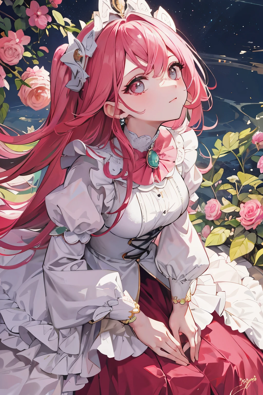 Anime girl with long pink hair sitting in a garden with roses - SeaArt AI