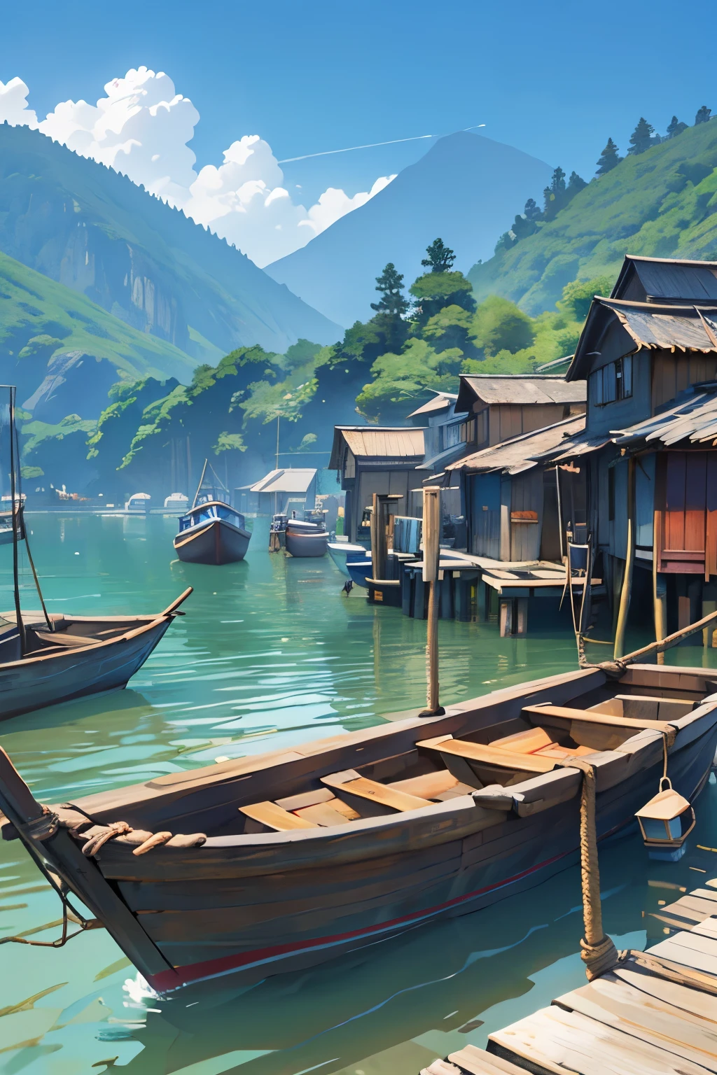 anime highest quality, ancient small fishing village, simple boats, simple crude buildings. simple docks, nets, rope