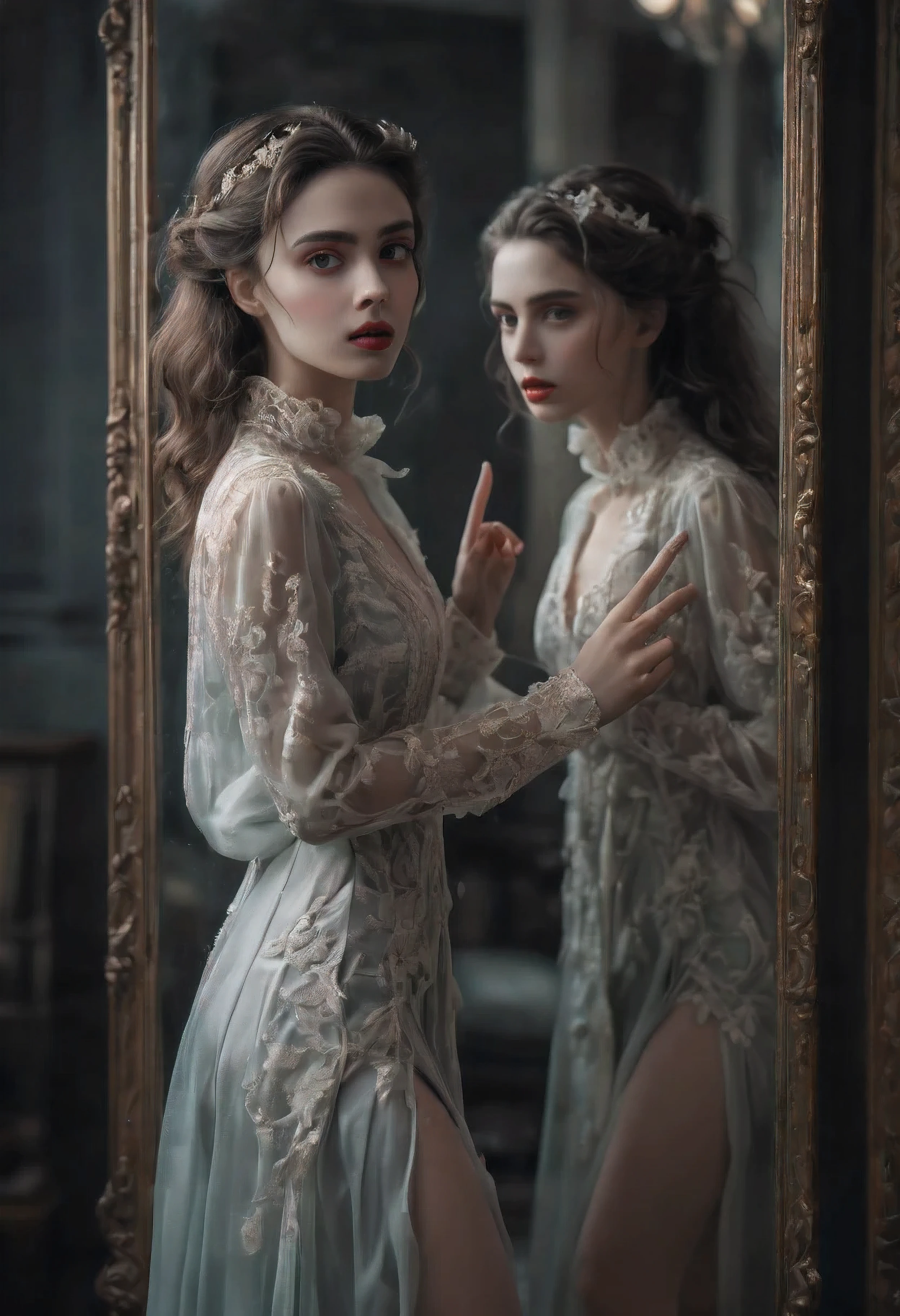 (Masterpiece in maximum 16K resolution:1.6), (intricate detail:1.4), (extremely insane detail:1.4),(highest quality:1.3),(Hyper_realistic:1.3). | ((Soft_color_tones):1.3),Clear light, Edge lighting, Perfect image, 16k UE5,editorial photograph, superfine, Product photography, Depth of field, Nikon D850, Ultra-realistic, no contrast, clean sharp focus, professional, No blurring. | Close up of pretty female vampire coming out from a mirror,vampire ornament everywhere, great environment, subtly dark,vampire art behance,surreal, It gives a mysterious aura. | {The camera is positioned very close to her, revealing her entire body as she adopts a dynamic_pose, boldly moving around the scene in an exciting way} | She is adopting a ((dynamic_pose as interacts, boldly moving a exciting way):1.3), ((perfect_pose)), ((perfect_pose):1.5), (((full body))), ((perfect_fingers, better_hands, perfect_hands, perfect_legs)), ((perfect_fingers, better_hands, perfect_hands, perfect_legs):0.7), (((More_Detail)))