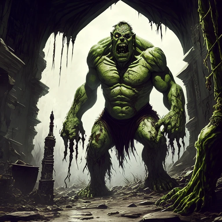 a monster,solo,((pale white skin)),hunchback troll,zombie,zombie hulk,tattered clothes, dead rotting skin on the face, muddy hair, detailed rotting peeling dead skin,water corpse, blind, huge arms,huge hands,huge claws,stoop like a carnivores,full body view,in the overgrown sewer,wide angle, moody lighting,