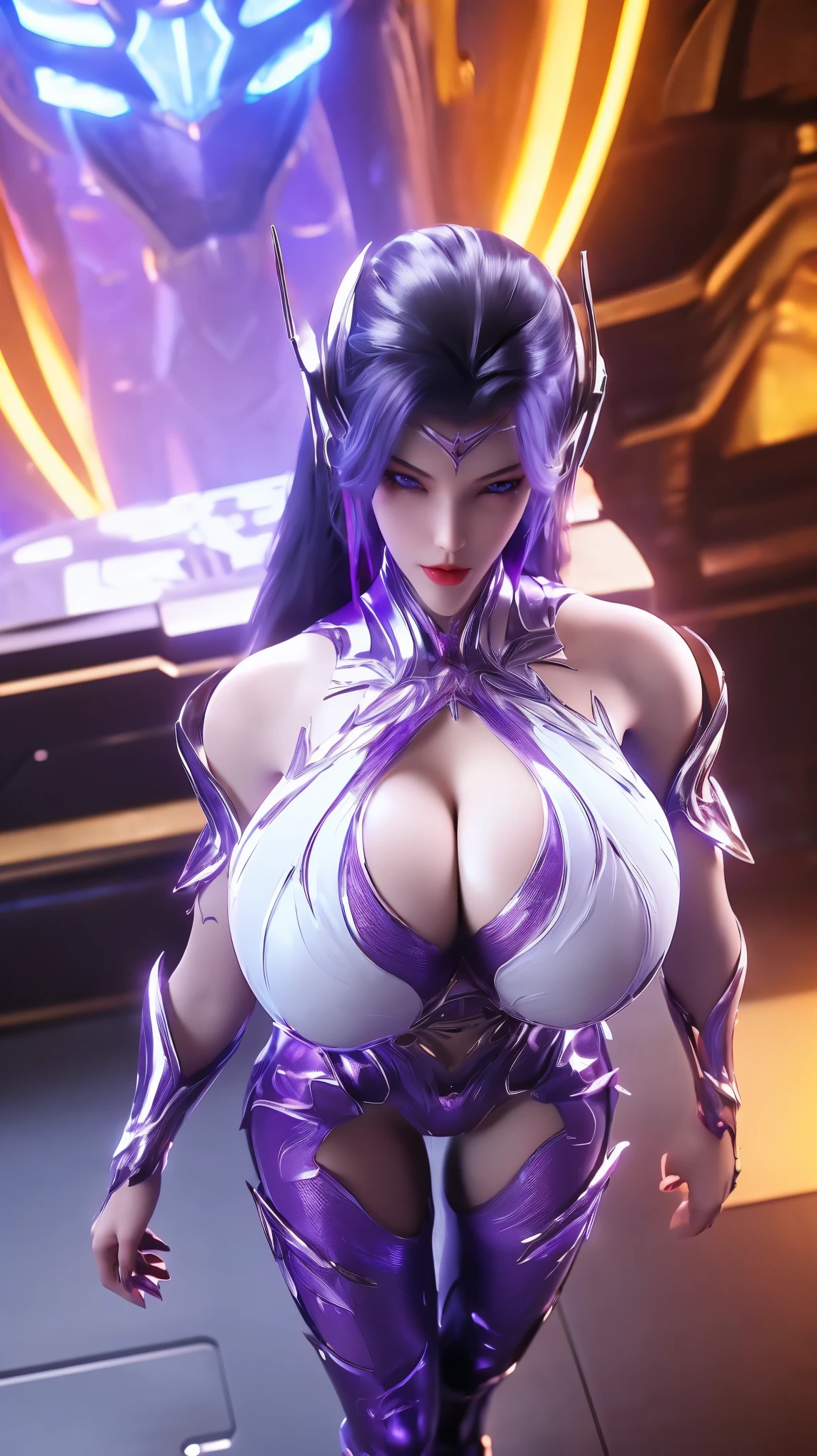 AI GIRL,SOLO,UPPER BODY CLOSE UP, ((BEAUTY BLACK HAIR)), (GIGANTIC FAKE BREAST:1.5), ((NSFW CLEAVAGE:1.5)), (MUSCLE ABS:1.3), (LED PURPLE SHINY FUTURISTIC MECHA CYBER CROP TOP, BLACK MECHA SKINTIGHT LEGGINGS,POTRAIT:1.5), (MUSCULAR PERFECT BODY MATURE WOMAN, SWEATY BUSTY BODY:1.2), (LOOKING AT VIEWER:1.3), (female focus:0.8), (HALLROOM OF FUTURISTIC SPACE STATION:1), (BRIGHT LIGHT WHITE_ROOM:1.3), HYPER TEXTURE, (4X MSAA), ((UNREAL ENGINE 5 RENDER)), PHYSICALLY-BASED RENDERING, ULTRA HIGHT DEFINITION, 16K, 1080P.