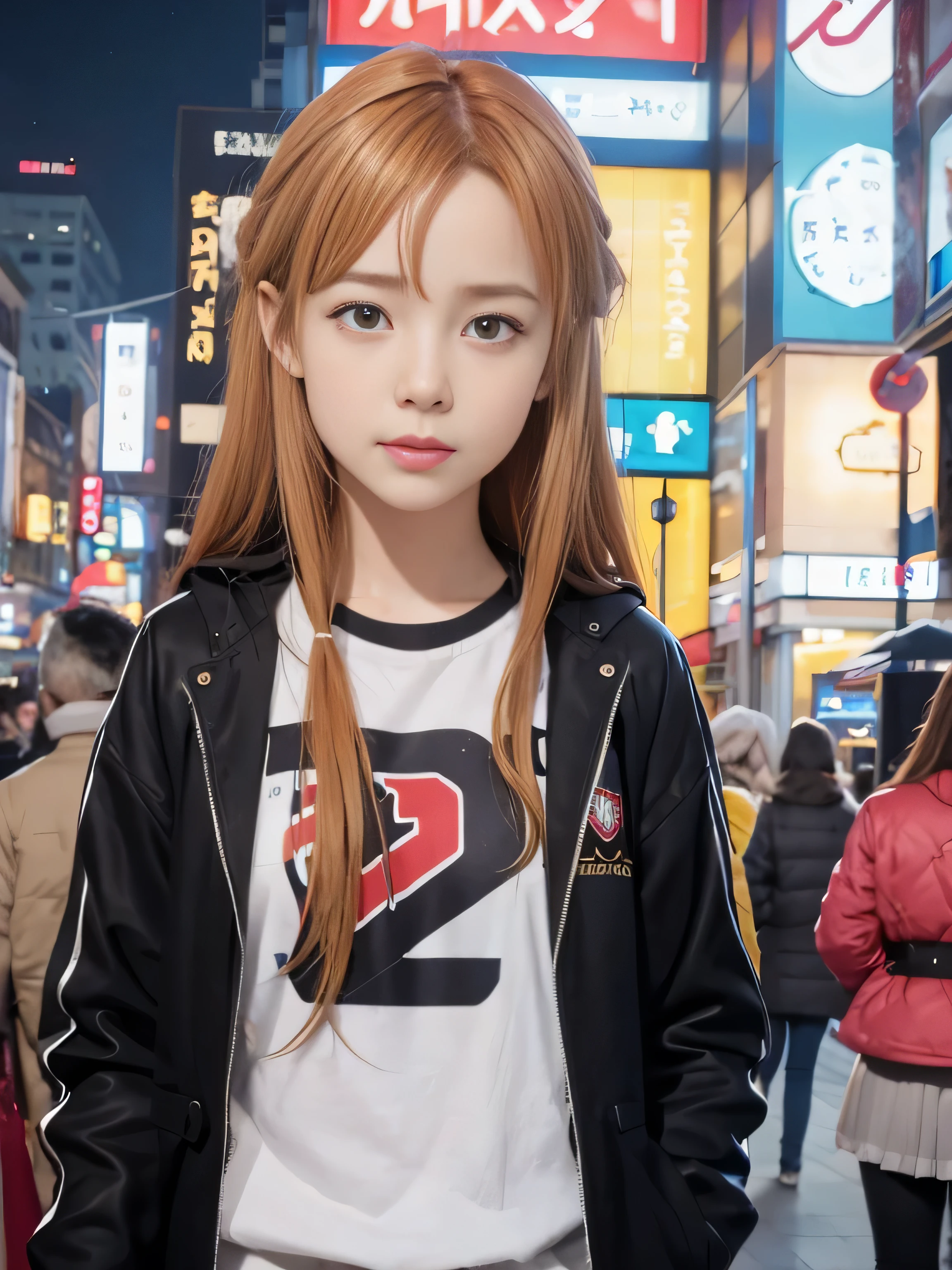 masterpiece, best quality, (realistic,photo-realistic:1.4), (RAW photo:1.2), extremely detailed CG unity 8k wallpaper, delicate and beautiful, amazing,finely detail, official art, absurdres, incredibly absurdres, huge filesize, ultra-detailed,extremely detailed eyes and face,light on face,little smile,asuna yuuki,(caramel hair:1.4),(wearing jacket:1.4),ninght town,food,long hair