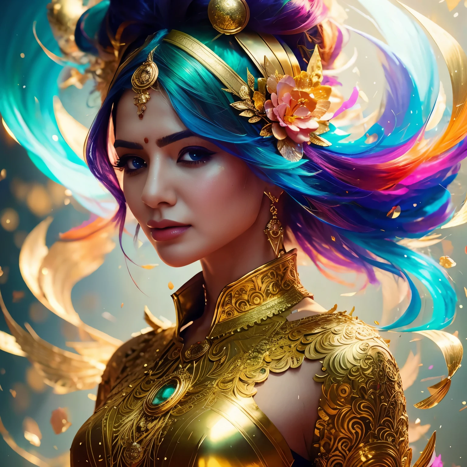 (samantha),a close up of a indian woman with colorful hair and a gold dress, artgerm julie bell beeple, rossdraws cartoon vibrant, 8k stunning artwork, fantasy art behance, deviantart artstation cgscosiety, artgerm on artstation pixiv, artgerm. anime illustration, rossdraws 1. 0, artgerm colorful!!!