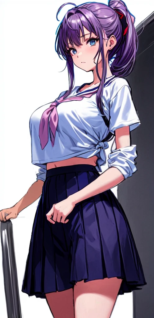 A beautiful girl with a crisp face and long hair tied in a mauve-purple ponytail with a light pink ribbon is standing in the school hallway wearing white gym clothes and navy blue bloomers shaped like panties.。