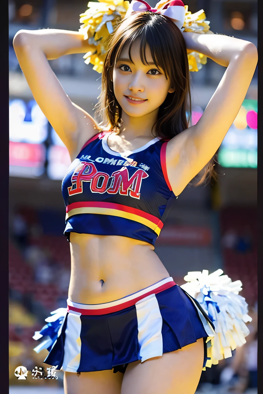 (((Draw only one woman：2)))、((Cheerleaders dancing at the basketball venue:1.5))、((She wears an elaborately designed cheerleader costume.：1.8))、beautiful 16 year old woman、((1 screen))、8K、RAW shot、highest quality photos、masterpiece、nice realistic pictures、(( anatomically correct proportions : 1.5))、((perfect proportions))、((A cute woman who looks like a beautiful Japanese idol))、((small head))、detailed face、detailed eyes、narrow nose、(detailed fingers: 1.2)、detailed arms、detailed skin、detailed legs、(slim style)、((thin waist))、(Medium udder)、(Cheerleader costume with elaborate tank top design:1.5)、(sweaty body:1.2)、(sweaty hair:1.2)、(Cheerleader costume with bold design that shines when wet:1.3)、(Holding pom-poms in both hands:1.5)、(dance with a happy smile:1.2)