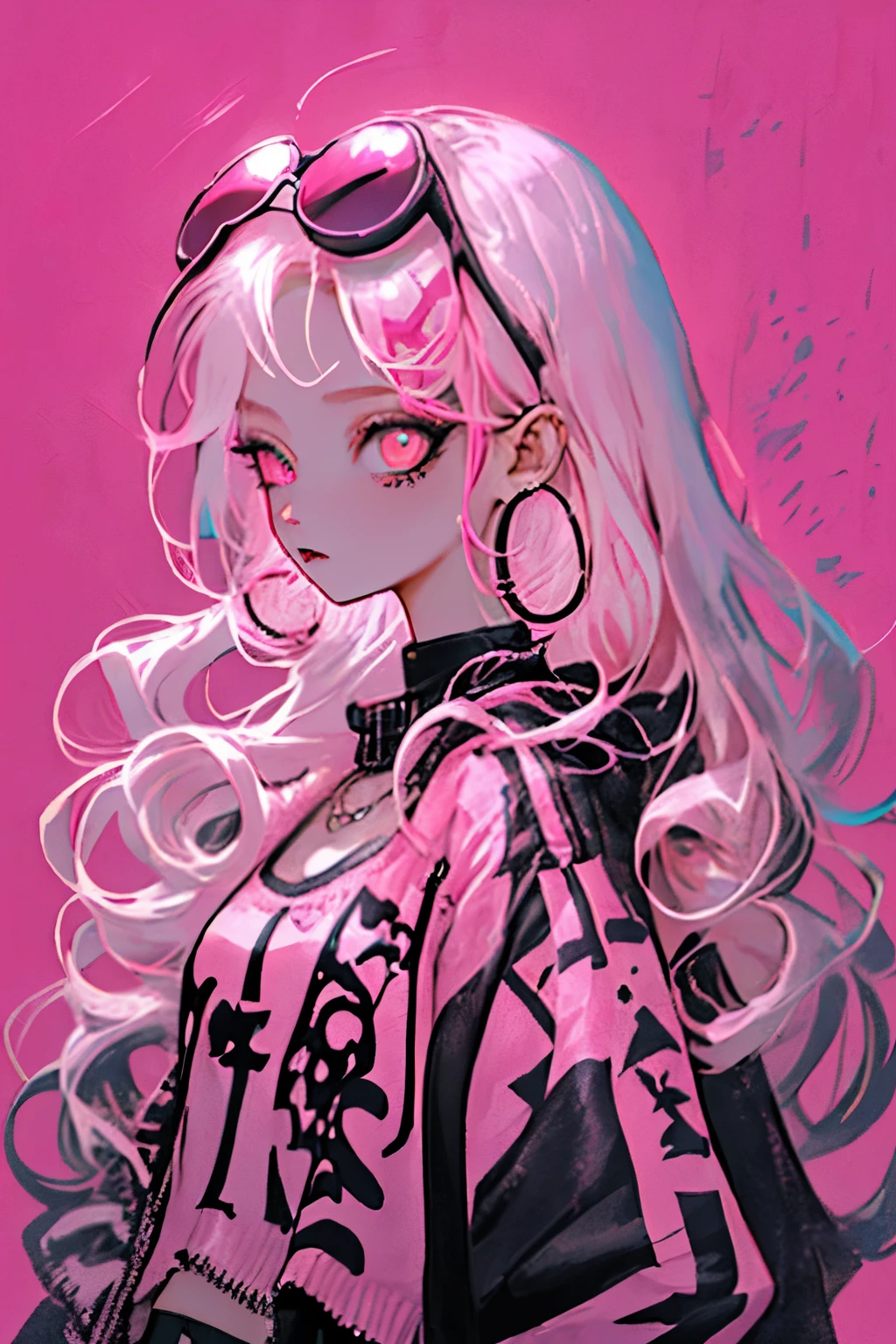 Niji Style, 1girl, solo, long hair, big round sunglasses on top head, looking at viewer, eye glowing background, jewelry, closed mouth, happy, jacket, upper body, pink hair, earrings, pink eyes, necklace, from side, sweater, lips, eyelashes, makeup, wavy hair, piercing, cross, lipstick, ear piercing, eyeshadow, hoop earrings, pink lips, multicolored eyes, pink theme, pink eyeshadow, tattoos, dark background