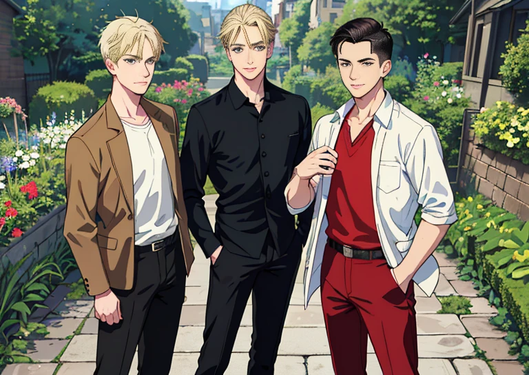 (absurdres, highres, ultra detailed), masterpiece, best quality, 3 man, handsome, black hair, brown hair, casual clothes, background is back alley, best light and shadow, trio friends, 1 black hair man ((sleek hair)), 1 brown hair man ((undercut hair)), 1 blond man ((stylish hair)), tall handsome man, hogwarts vibe, 3 friends, trio friends pose, charming men, (absurdres, highres, ultra detailed, HDR), masterpiece, best quality, anime, Anime cool ((Tall boy)) green eyes, 3rd boy blond hair ((Tall boy)) ((blond hair)) , 3 boys, smile, sunshine, garden, handsome, short hair, looking at viewer, detailed face, ( black shirt ),(red shirt) cool boys, cold male, 8K, Best Quality, Masterpiece, Ultra High Resolution, (Realism: 1.4), Original Photo, (Realistic Skin Texture: 1.3), (Film Grain: 1.3), (Selfie Angle), best friend,Friendship, Trio friends, tall boys, black hair, brown hair,blonde hair.