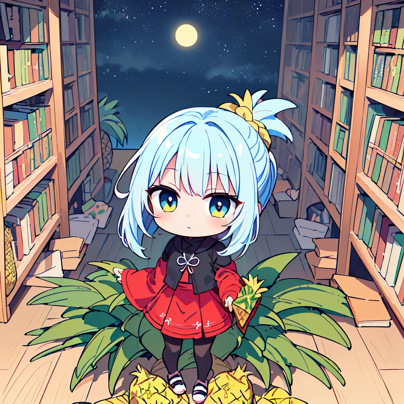 ((Chibi,Pineapple, 1 girl: 1.3)), (Masterpiece, almond-shaped eyes, glossy white-blue hair, short chignon hair, top quality, meticulously drawn limbs Fingertips, smooth and beautiful skin,warm clothes,warm skirt,black tights,from above,full body: 1.2), (A tasteful painting hand-drawn with colored pencils:1.3),(red cheeks,Indifferent, expressionless,front view: 1.2), (holding holy books,night,Hair blowing in the wind,pineapple library:1.3)