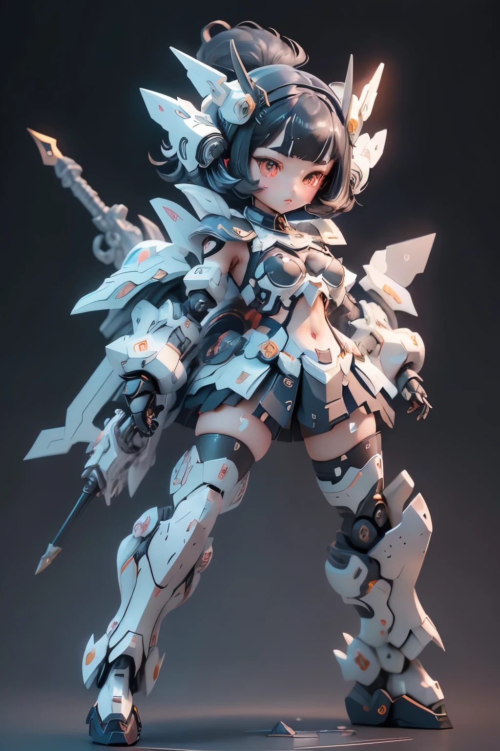 1 girl, Dopamine Color Matching, Double Diamond, white theme, Luxurious fabrics, dither, far-reaching, She is fused with futuristic Gundam mecha, Gundam style, with headgear, with v-fin , visible cleavage, visible stomach, visible waist,, visible thighs, armored shoulders,armored under arms, armored under legs, 2 thruster modules attached on back, holding weapon, holding huge weapon, holding Very large shield, (full body pose:1.5),(bob cut:1.3), black hair, thick eyebrows, light colored iris, big, shining black eyes, long eyelashes, small, pale natural lips, (Average face of Japanese idols), wide forehead:1.2, plump cheeks, small chin, visible side boob, 