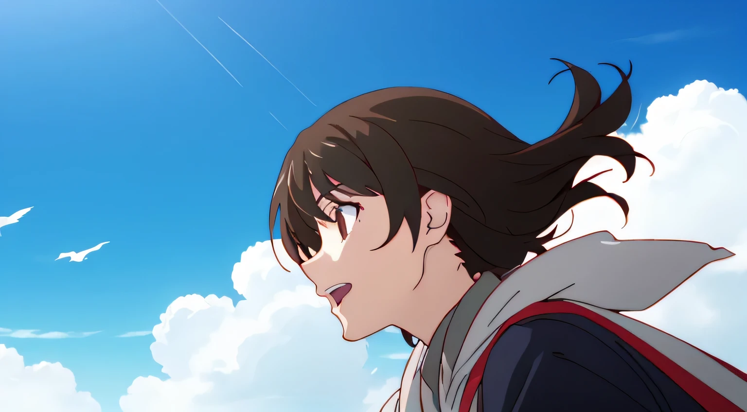 clear sky, windy field, dark brown haired boy singing, sunlight