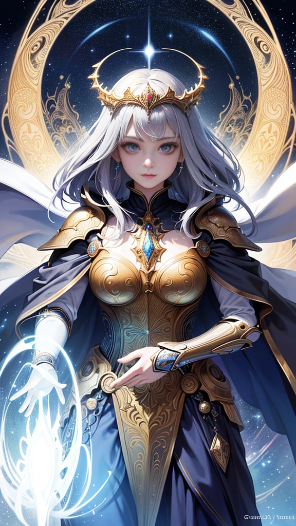 (masterpiece, highest quality, highest quality, official art, beautiful and aesthetic:1.2), (1 girl), very detailed, (fractal art:1.3), colorful, most detailed, blue eyes, blue stone, perfect face, gray hair, Upper body, HDR, (pray:1.3), (White cloak golden lines:1.2), Milky Way, (light streaks), striking visuals, (dynamic streaks, Path of Light:1.2), Bright colors,