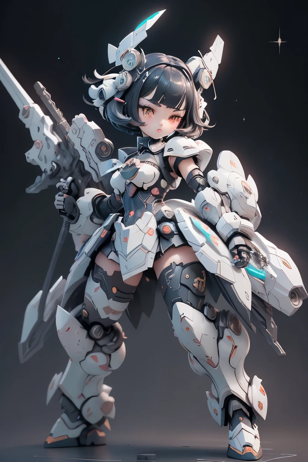 1 girl, Little, Dopamine Color Matching, Double Diamond, white theme, Luxurious fabrics, dither, far-reaching, She is fused with futuristic Gundam mecha, Gundam style, with headgear, with v-fin , visible cleavage, visible stomach, visible waist,, visible thighs, armored shoulders,armored under arms, armored under legs, 2 thruster modules attached on back, holding weapon, holding huge weapon, holding Very large shield, (full body pose:1.5),(bob cut:1.3), black hair, thick eyebrows, light colored iris, big, shining black eyes, long eyelashes, small, pale natural lips, (Average face of Japanese idols), wide forehead:1.2, plump cheeks, small chin, visible side boob, 