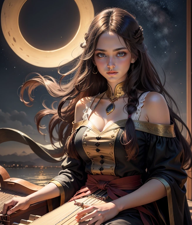 high quality, award winning, highres, 8krealistic oil painting  A beautiful young woman with long hair reaching her waist and a sharp face.  sitting on a half moon  playing the western zither  The wind blows long hair, in the night there are golden stars twinkling, beautiful pictures, beautiful art, clear, beautiful faces.