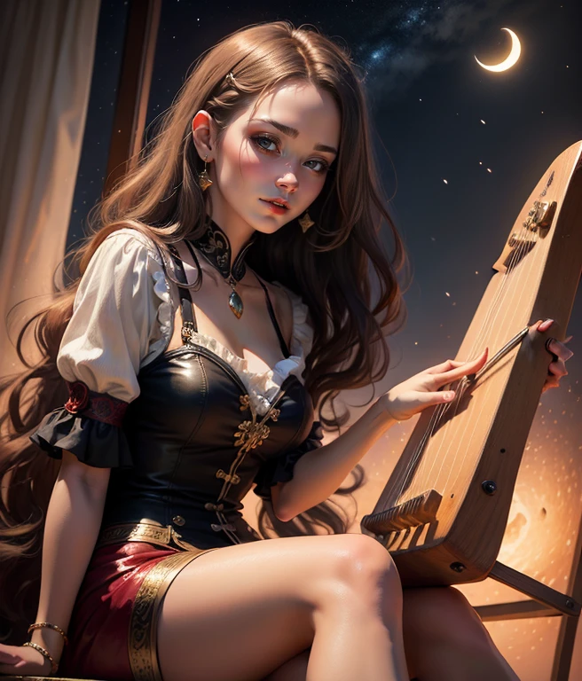 high quality, award winning, highres, 8krealistic oil painting  A beautiful young woman with long hair reaching her waist and a sharp face.  sitting on a half moon  playing the western zither  The wind blows long hair, in the night there are golden stars twinkling, beautiful pictures, beautiful art, clear, beautiful faces.