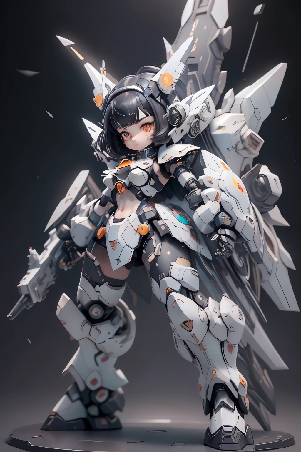 1 girl, , Dopamine Color Matching, Double Diamond, white theme, Luxurious fabrics, dither, far-reaching, She is fused with futuristic Gundam mecha, Gundam style, with headgear, with v-fin , visible cleavage, visible stomach, visible waist,, visible thighs, armored shoulders,armored under arms, armored under legs, 2 thruster modules attached on back, holding weapon, holding huge weapon, holding Very large shield, (full body pose:1.5),(bob cut:1.3), black hair, thick eyebrows, light colored iris, big, shining black eyes, long eyelashes, small, pale natural lips, (Average face of Japanese idols), wide forehead:1.2, plump cheeks, small chin, visible side boob, 