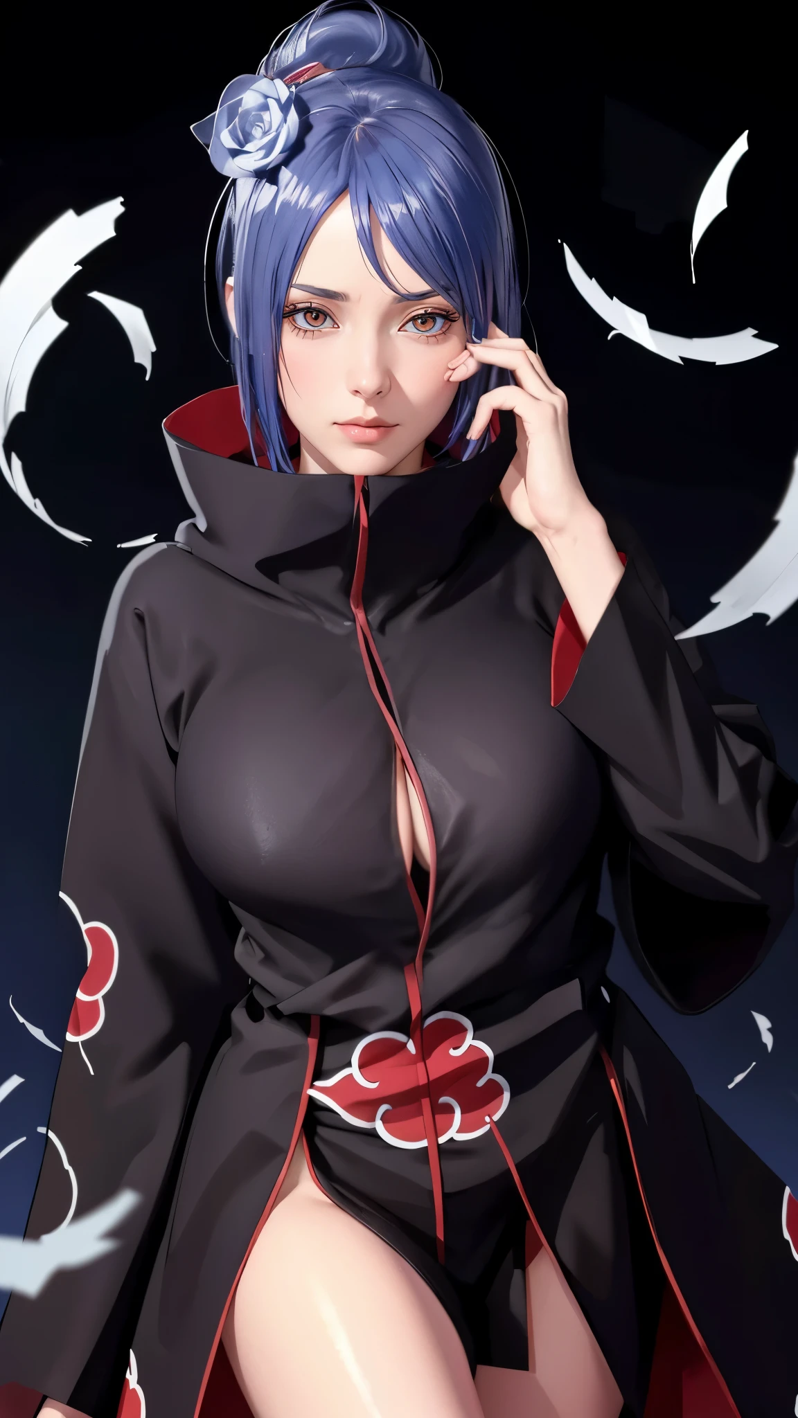 （（（akatsuki outfit，Xiao clothing, ninja, black cloak,black coat, （（（danya，konan \(naruto\),konan, blue hair, Orange pupils, short hair, hair ornament, flower, hair flower, ））），（（（wide hips））），S-shaped body:1.7））），((masterpiece)),high resolution, ((Best quality at best))，masterpiece，quality，Best quality，（（（ Exquisite facial features，looking at the audience,There is light in the eyes，shy，blush，pain，endure ））），（（（Light and shadow interlace，super gigantic ，cleavage））），（（（looking into camera，from below，look up，低头looking into camera，white paper airplane，white paper，Hands hidden in sleeves）））