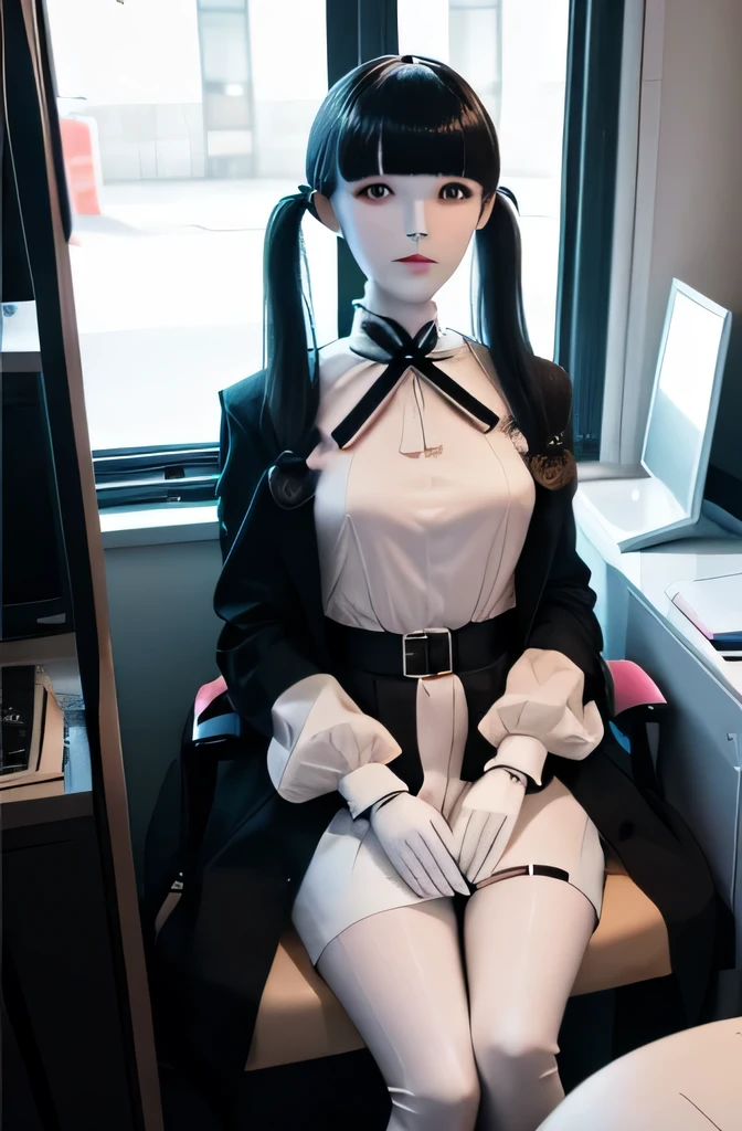 全身mannequinがコンピューターにディープキス,そのmannequinは美しいです,mannequin is a high school girl,mannequinの身長は165cmです,mannequinの色'my face is white.,mannequinの色'The body is pure white.,mannequin has black hair with a side ponytail.,bangs),あのmannequinは顔が細くて小さい.,mannequinの色'lips are light pink.,mannequin'eyes are black.mannequin is wearing a coat.0