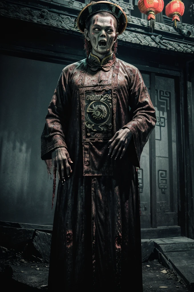 A terrifying Qing Dynasty man zombie stands at the center with arms stretched out at a 90-degree angle, Stare forward fiercely. zombie装饰havezombie_have, The dimly lit environment depicts the faint glow of the town. ((actual))),((masterpiece), (best quality), 超high resolution, (original photo:1.2), (photoactual:1.4), Outstanding details, dramatic lighting, high resolution, 8k, ridiculous,Chinese building, Chinese tower, obsolete, (Chinese_clear_zombie:1.5),The color palette is dark and ominous, Create an atmosphere of fear. The overall composition reflects the ink elements of Asian horror posters and traditional Chinese aesthetics,normal five fingers.