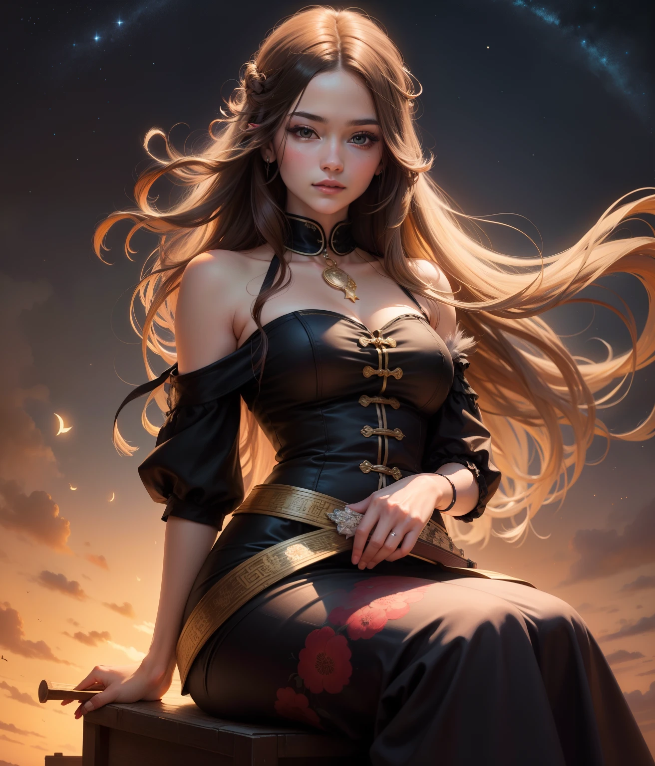 high quality, award winning, highres, 8krealistic oil painting  A beautiful young woman with long hair reaching her waist and a sharp face.  sitting on a half moon  playing the western zither  The wind blows long hair, in the night there are golden stars twinkling, beautiful pictures, beautiful art, clear, beautiful faces.